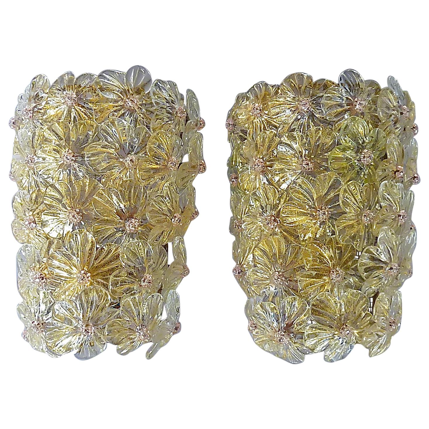 Large Barovier Toso Sconces Murano Glass Flowers Gold Mauve, Italy 1960s, Seguso