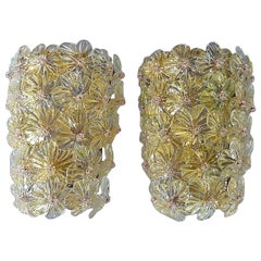 Large Barovier Toso Sconces Murano Glass Flowers Gold Mauve, Italy 1960s, Seguso Large Barovier Toso Sconces Murano Glass Flowers Gold Mauve, Italy 1960s, Seguso