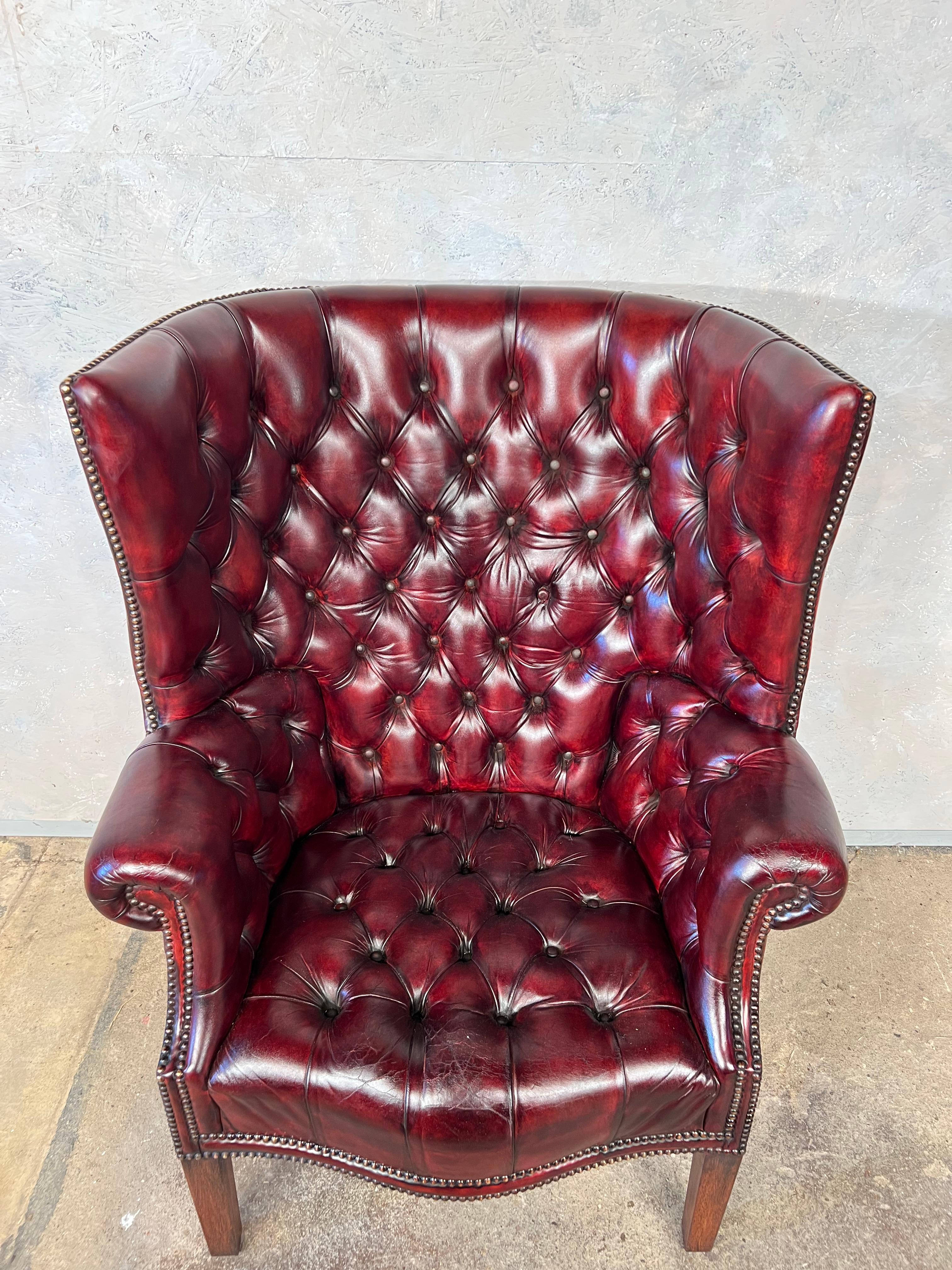Large Barrel Back Georgian Chesterfield Leather Wingback Chair Chestnut #430 In Good Condition In Lewes, GB