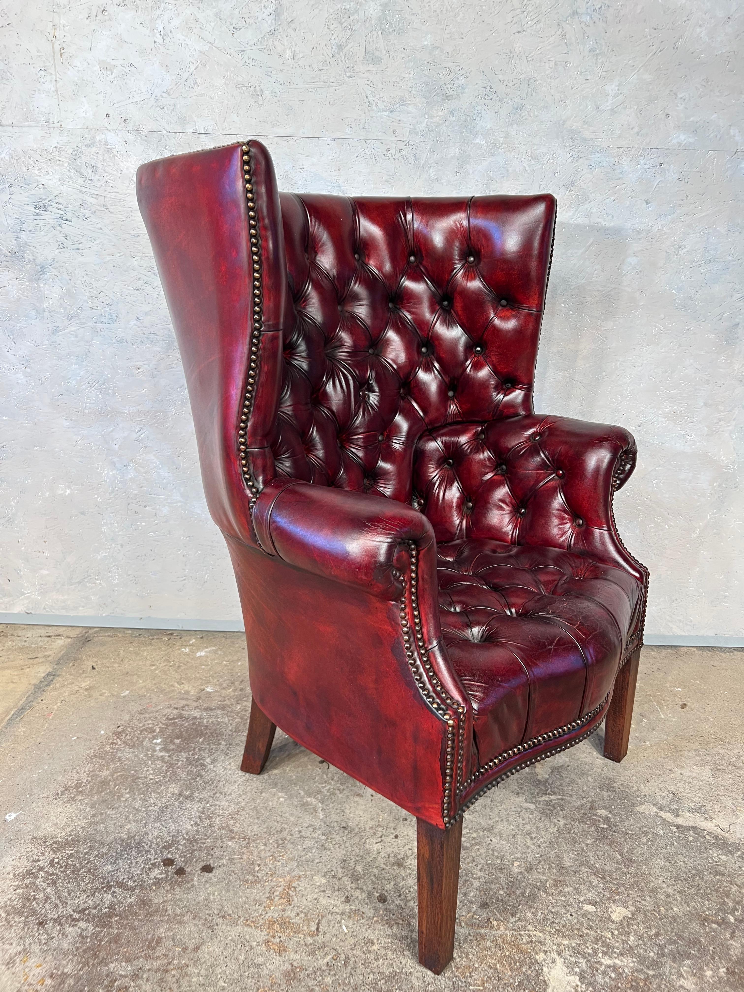 20th Century Large Barrel Back Georgian Chesterfield Leather Wingback Chair Chestnut #430