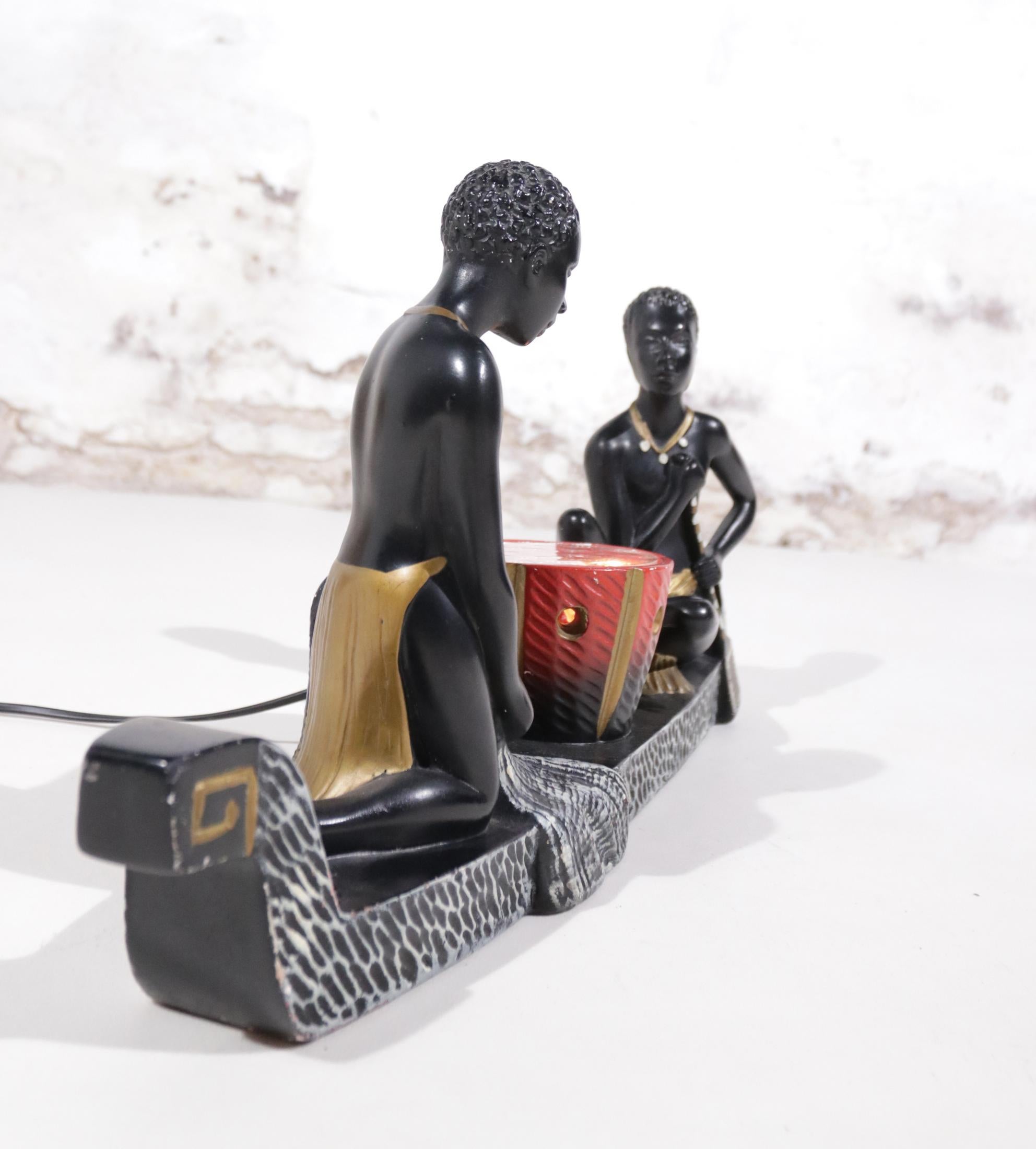 Large Barsony Duron Era. Table Lamp Ethnic African Couple in Canoe '50s For Sale 3