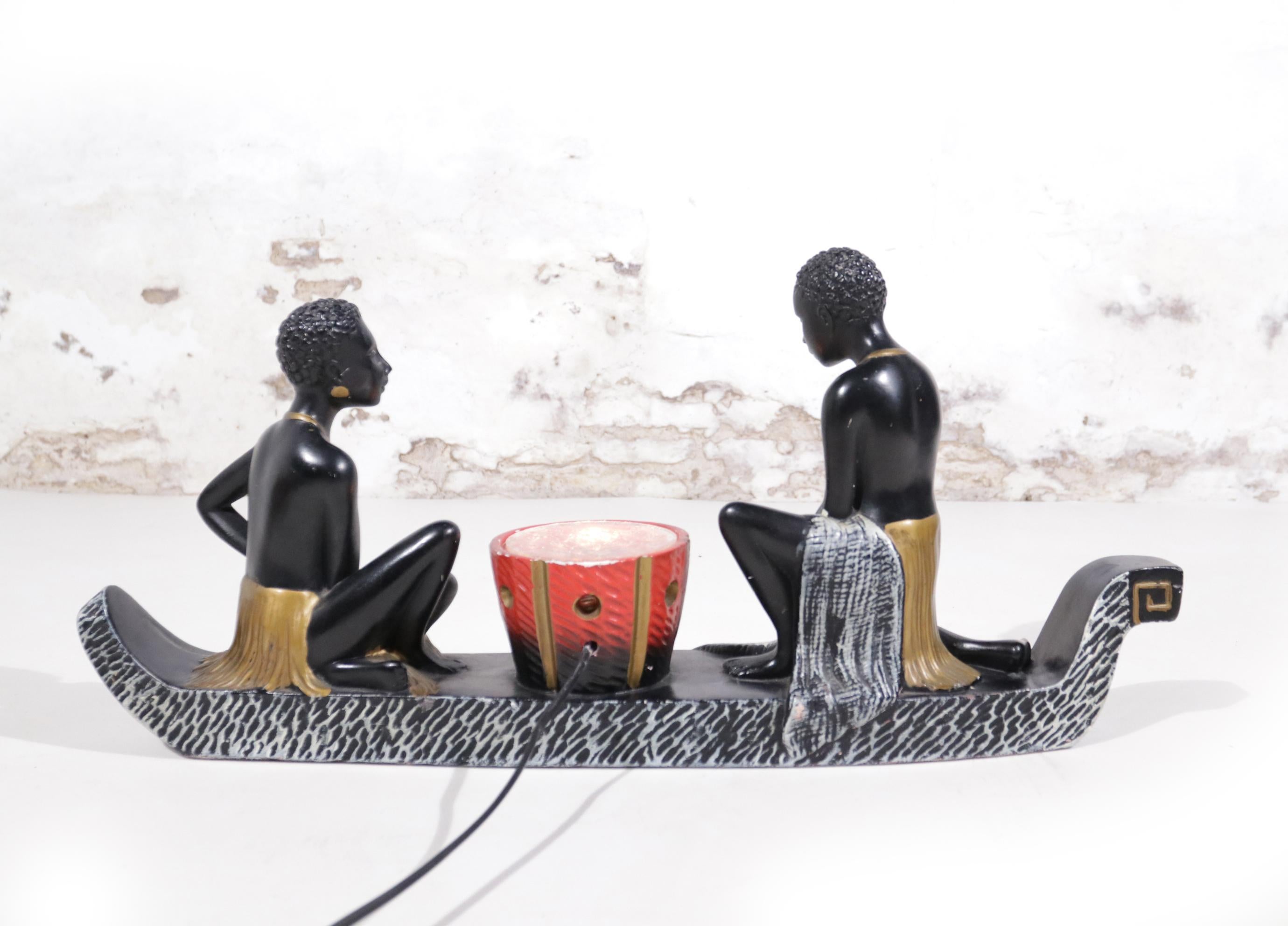 Large Barsony Duron Era. Table Lamp Ethnic African Couple in Canoe '50s For Sale 4