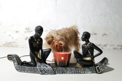 Large Barsony Duron Era. Table Lamp Ethnic African Couple in Canoe '50s