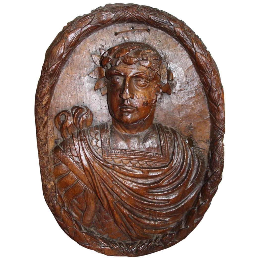 Large Bas Relief in Carved Walnut from The 17th Representing a Roman Emperor