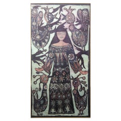 Large Batik Painting Portraying a Woman Surrounded with Birds, 1970s