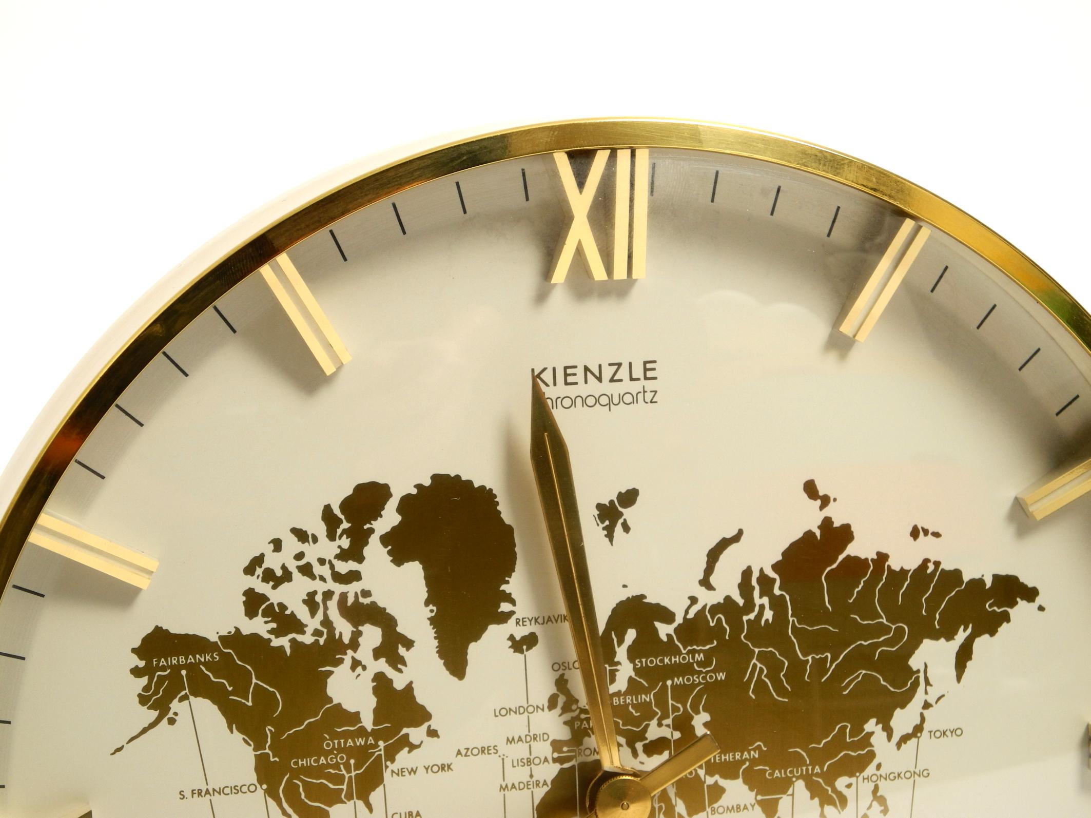 Late 20th Century Large battery-operated brass world clock Heinrich Möller for Kienzle from 1978 For Sale