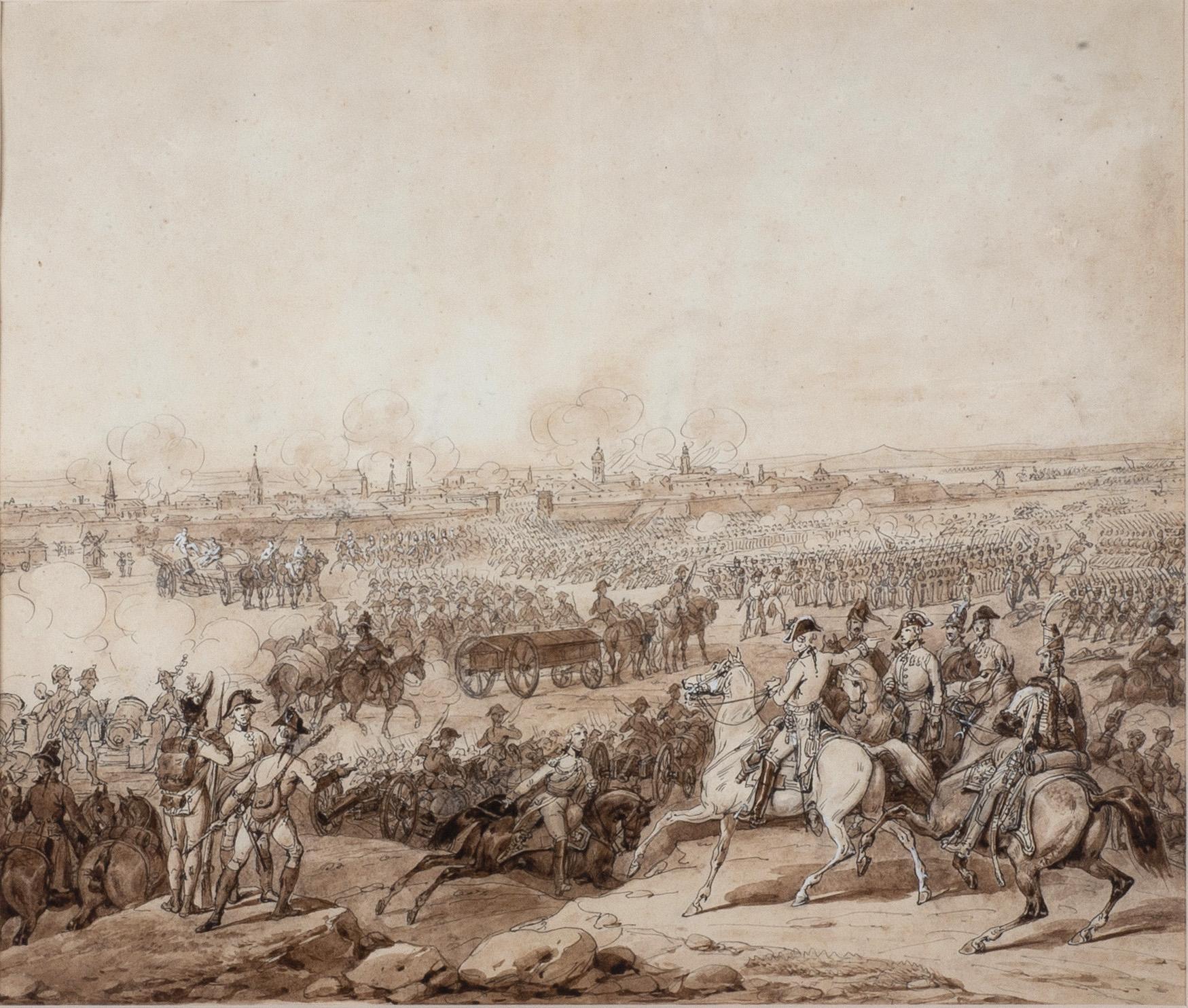 Drawing of a revolutionary battlefield attributed to Hippolyte Bellange, representing the End of the Siege of Lille by the Duke Albert of Saxe on the 8th of October 1792 (the French storm out of the city) according to manuscript legend.
Ink and wash