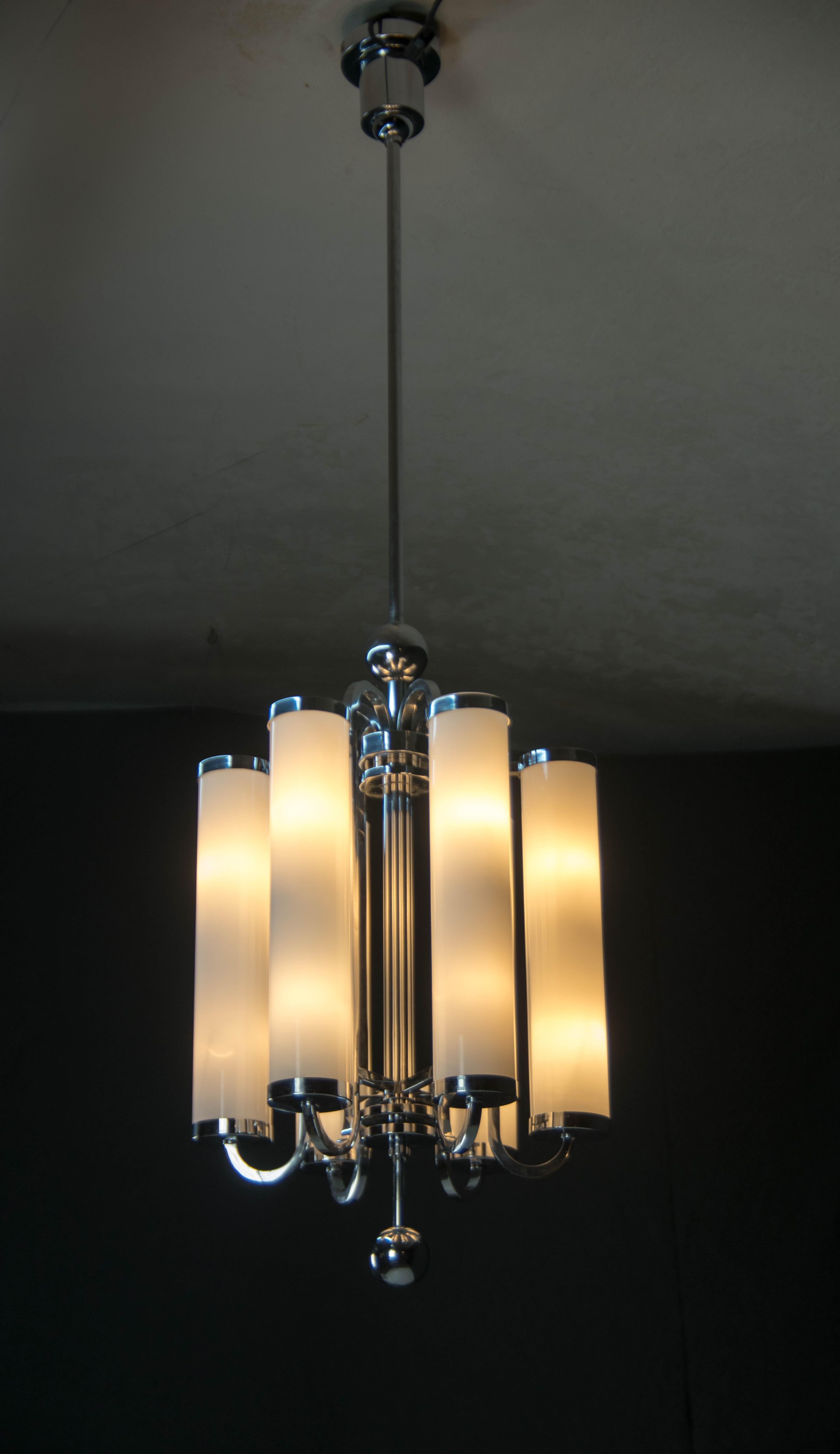 Czech Large Bauhaus Chandelier with 6 Tubular Shades, 1930s
