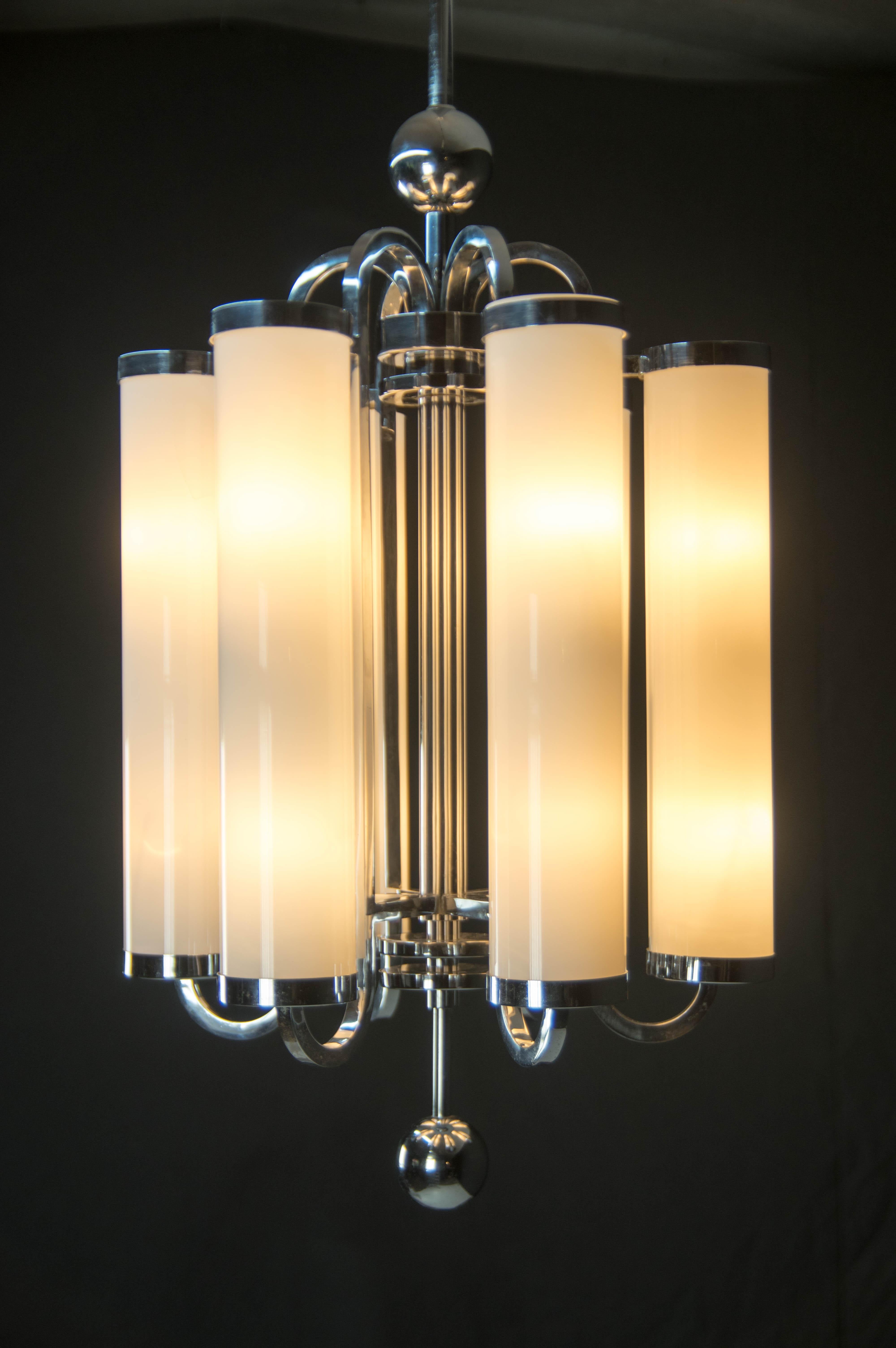 Large Bauhaus Chandelier with 6 Tubular Shades, 1930s In Good Condition In Praha, CZ