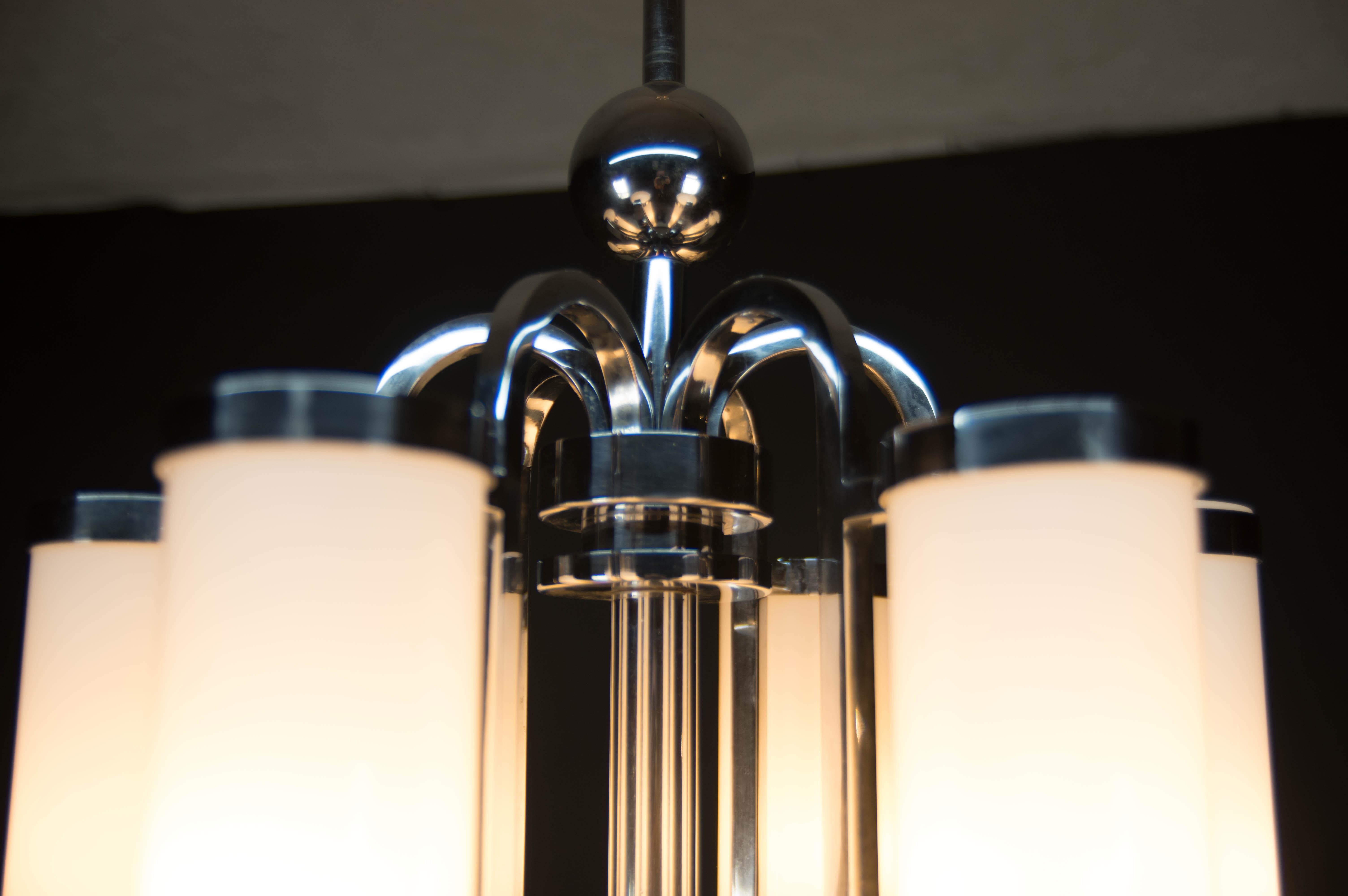 Opaline Glass Large Bauhaus Chandelier with 6 Tubular Shades, 1930s