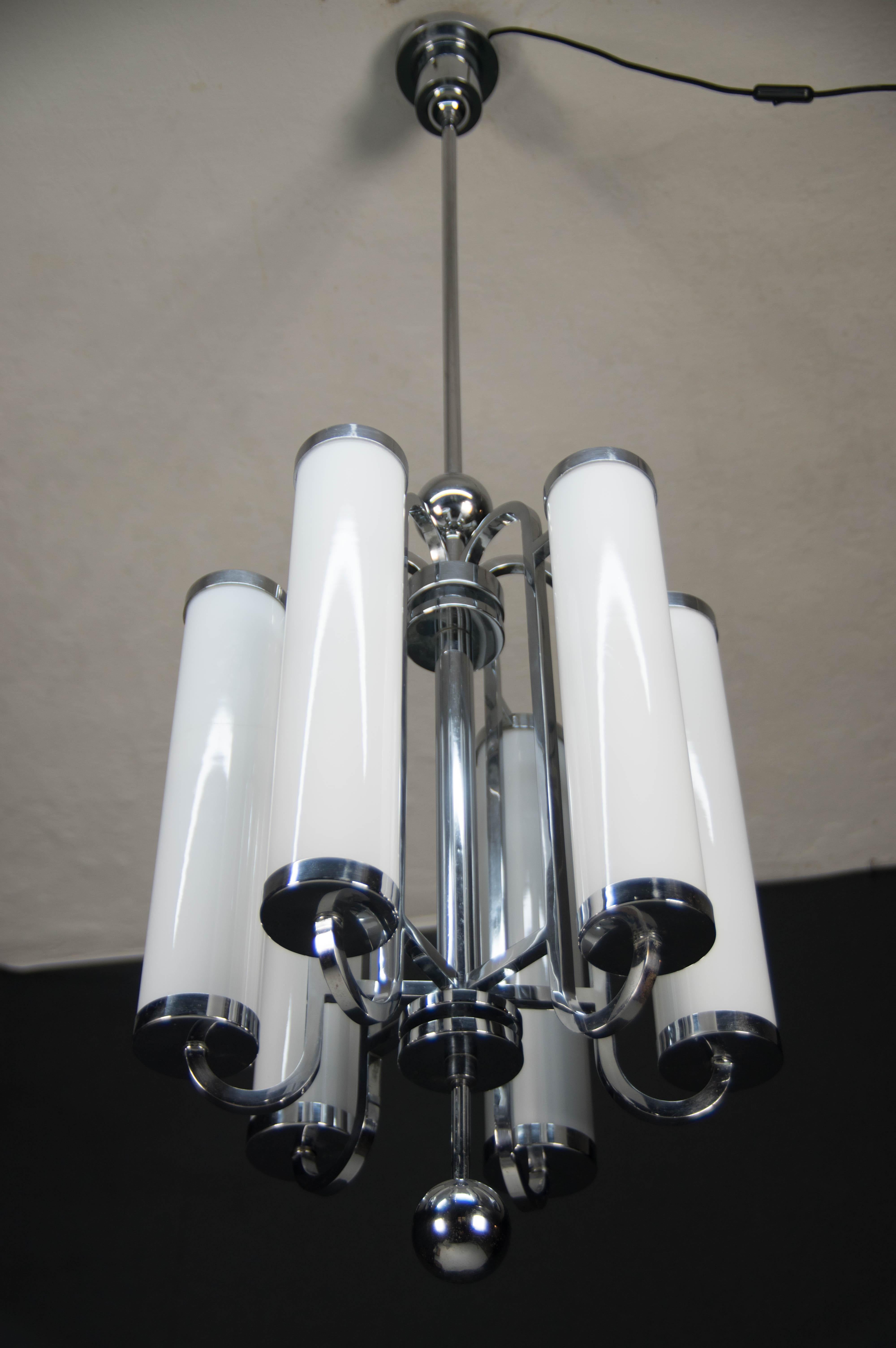 Large Bauhaus Chandelier with 6 Tubular Shades, 1930s 2