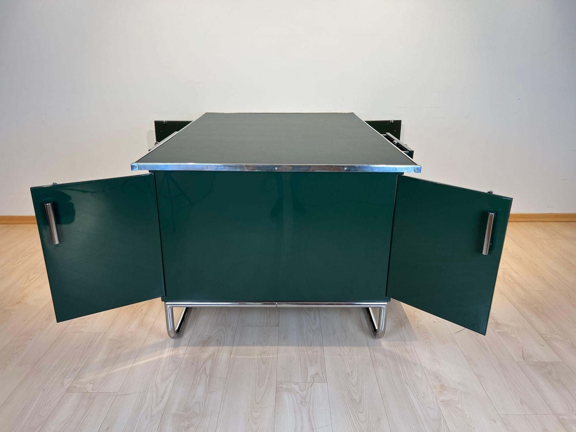 Bauhaus Partners Desk, Green Lacquered Metal and Chrome, Germany circa 1930 For Sale 10
