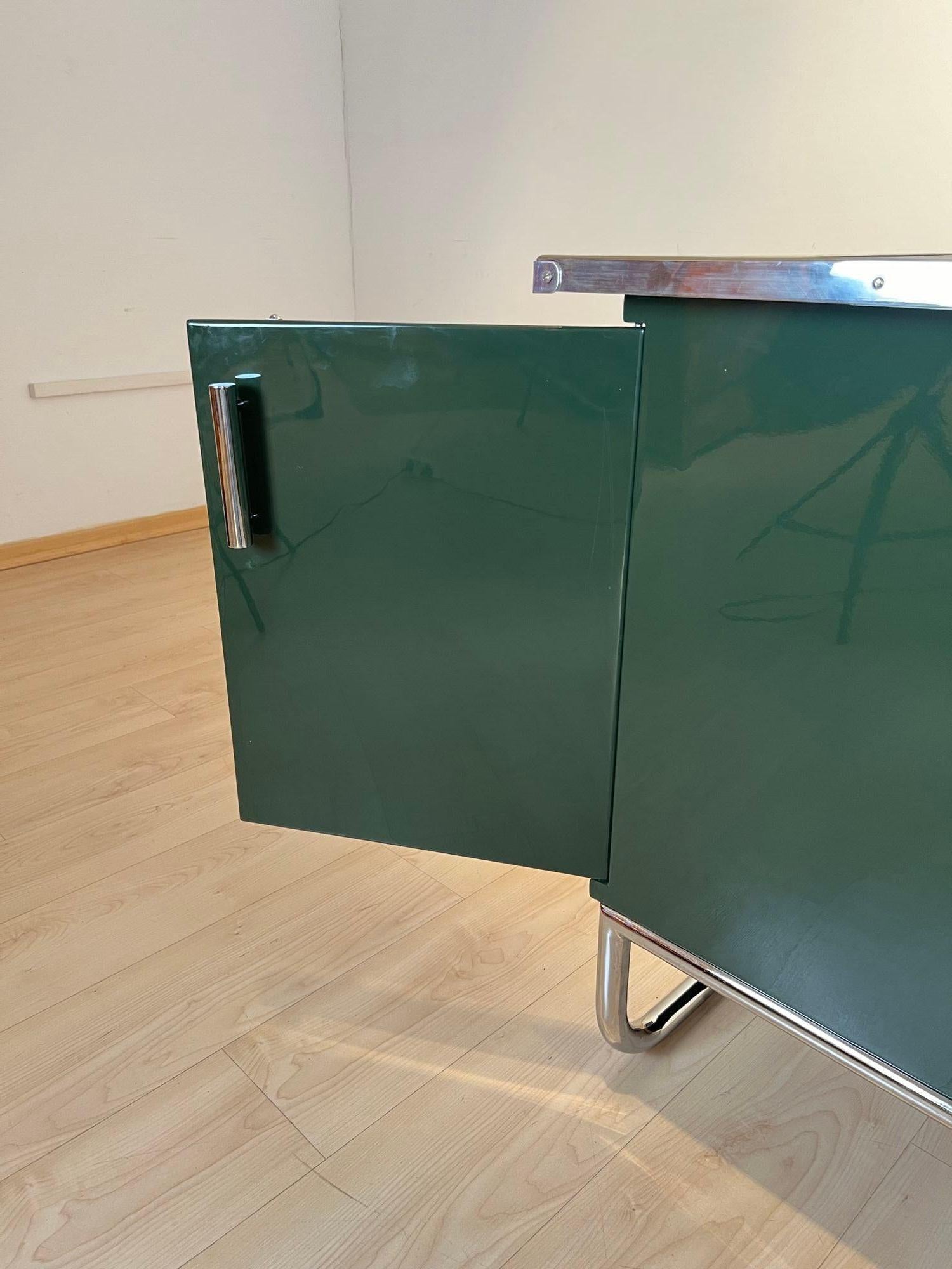 Bauhaus Partners Desk, Green Lacquered Metal and Chrome, Germany circa 1930 For Sale 12