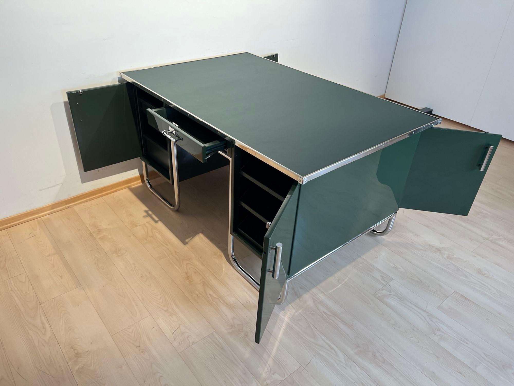 Bauhaus Partners Desk, Green Lacquered Metal and Chrome, Germany circa 1930 For Sale 13