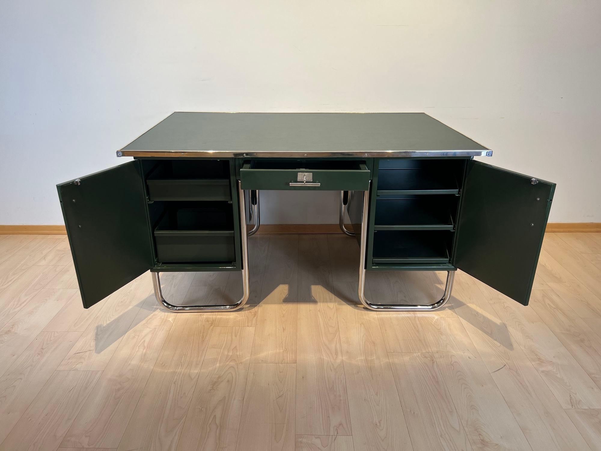 Galvanized Bauhaus Partners Desk, Green Lacquered Metal and Chrome, Germany circa 1930 For Sale