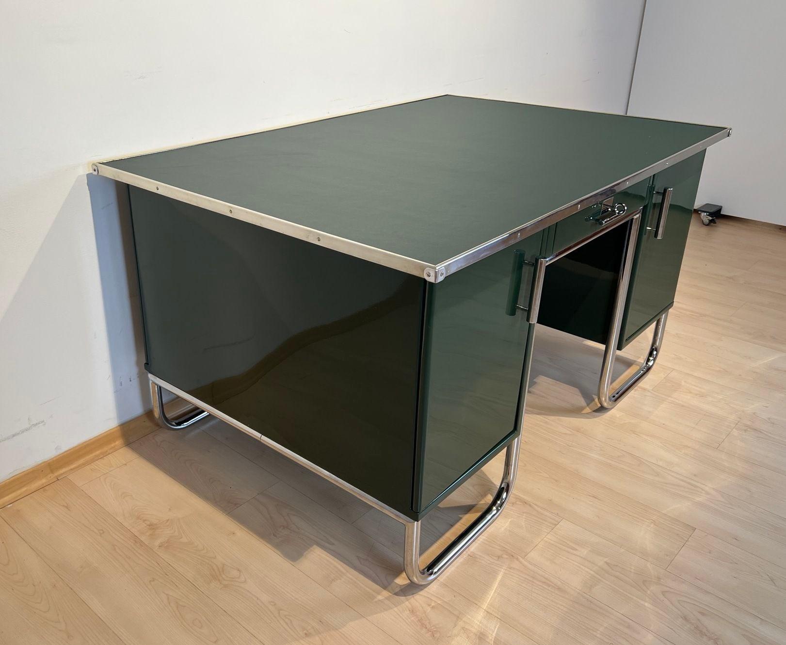 Early 20th Century Bauhaus Partners Desk, Green Lacquered Metal and Chrome, Germany circa 1930 For Sale