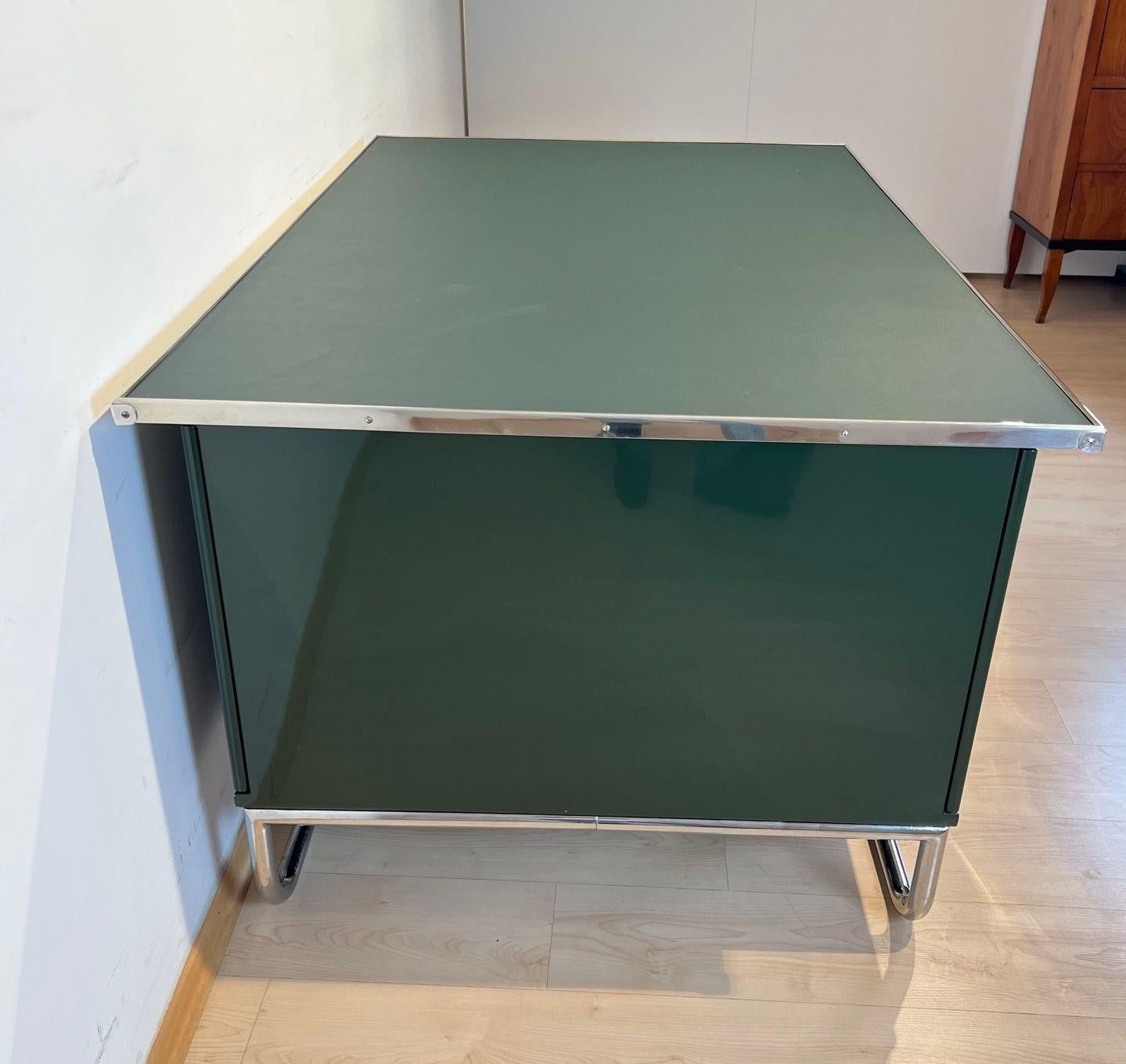 Steel Bauhaus Partners Desk, Green Lacquered Metal and Chrome, Germany circa 1930 For Sale