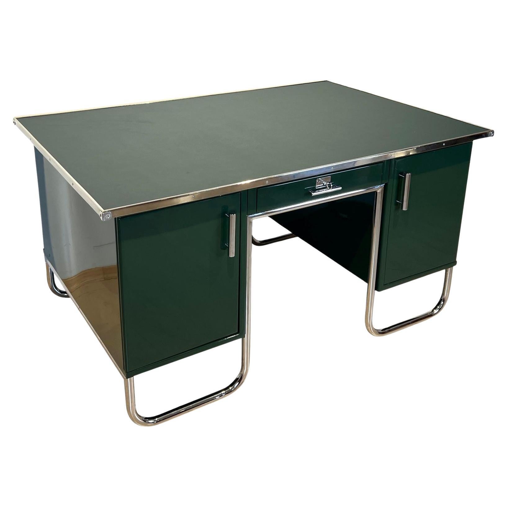 Large Bauhaus Partners Desk, Green Lacquer, Metal, Steeltube, Germany circa 1930 For Sale