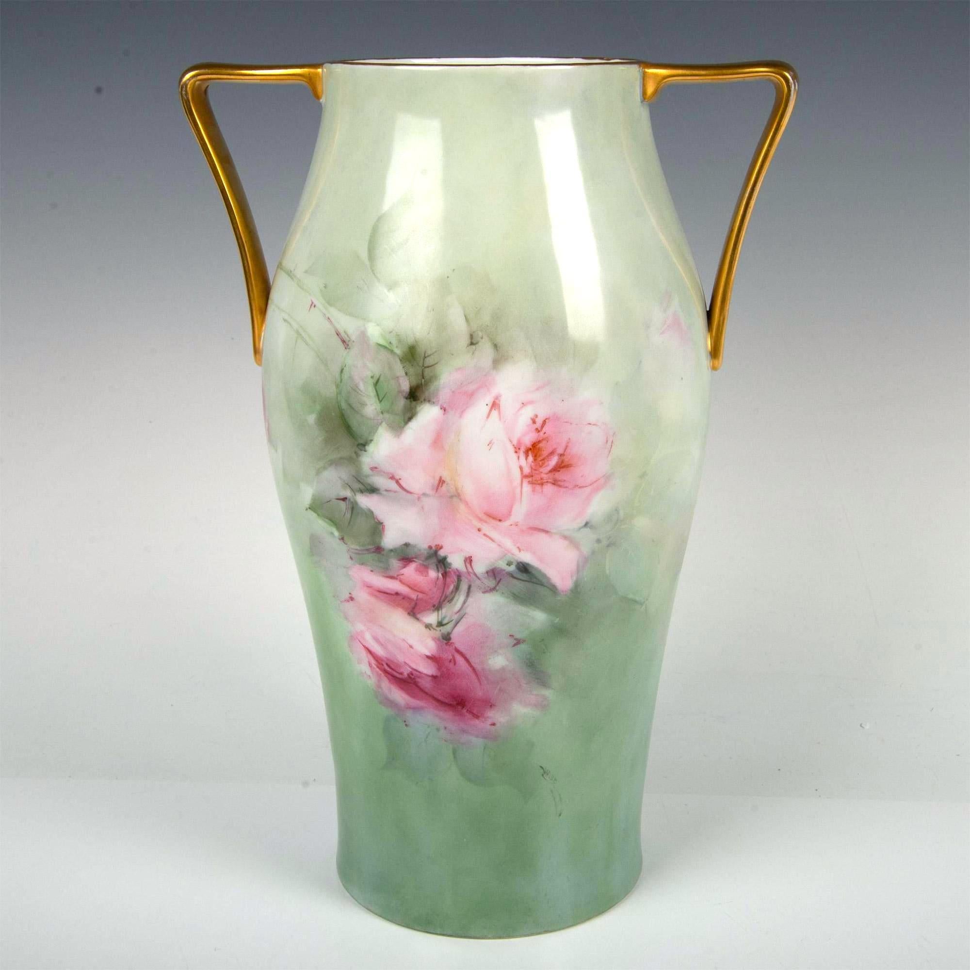 Large Bavarian Porcelain Double Handled Vase / Hand Painted Roses & Gold For Sale 6