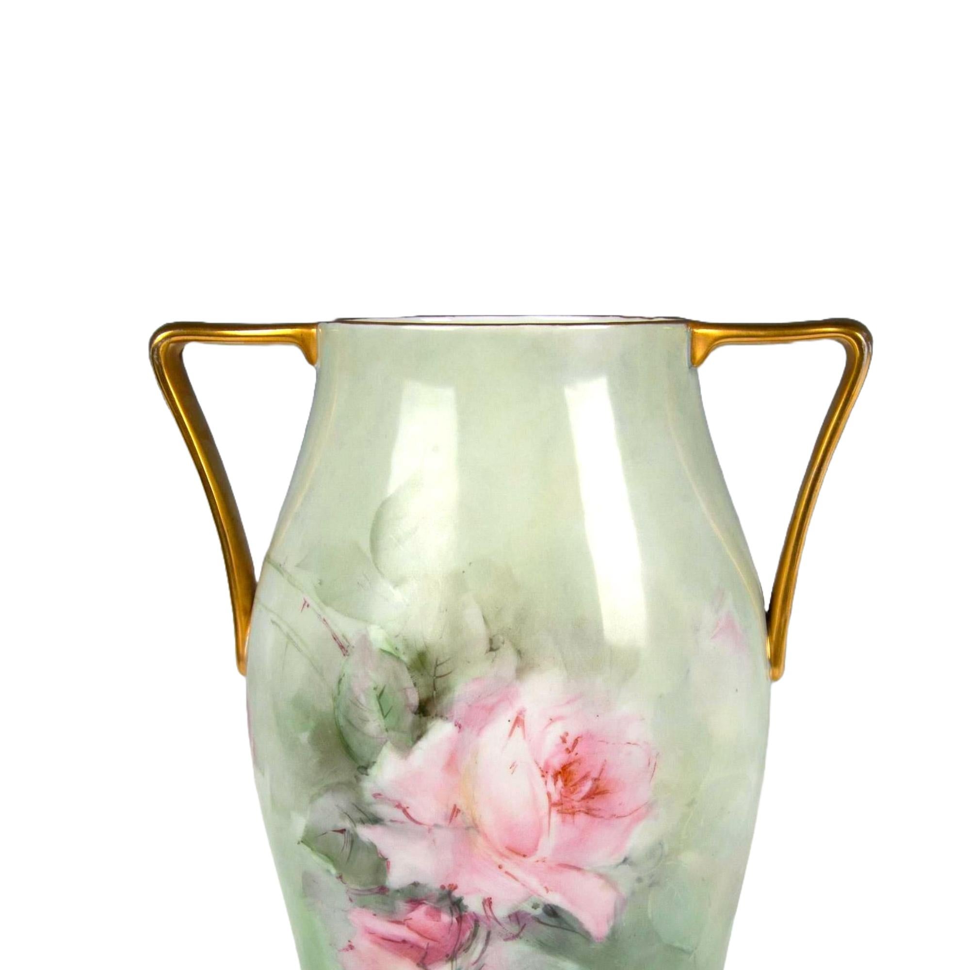 Large Bavarian Porcelain Double Handled Vase / Hand Painted Roses & Gold For Sale 1