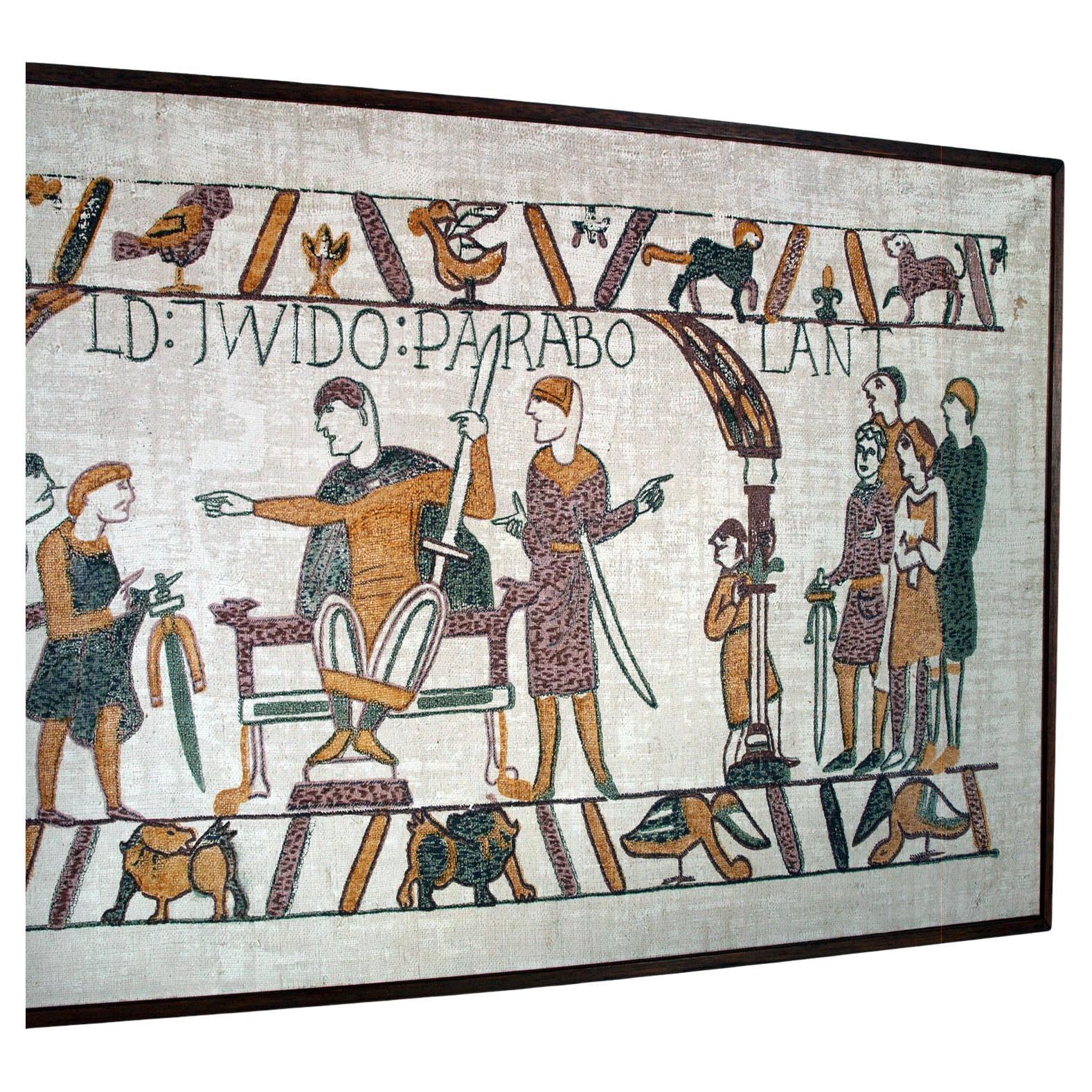 A striking decorative tapestry painted on coarse jute canvas, inspired by the legendary Bayeux Tapestry — the Romanesque embroidery from the 11th century depicting the Norman conquest of England.

This artwork represents a stylized judicial scene,