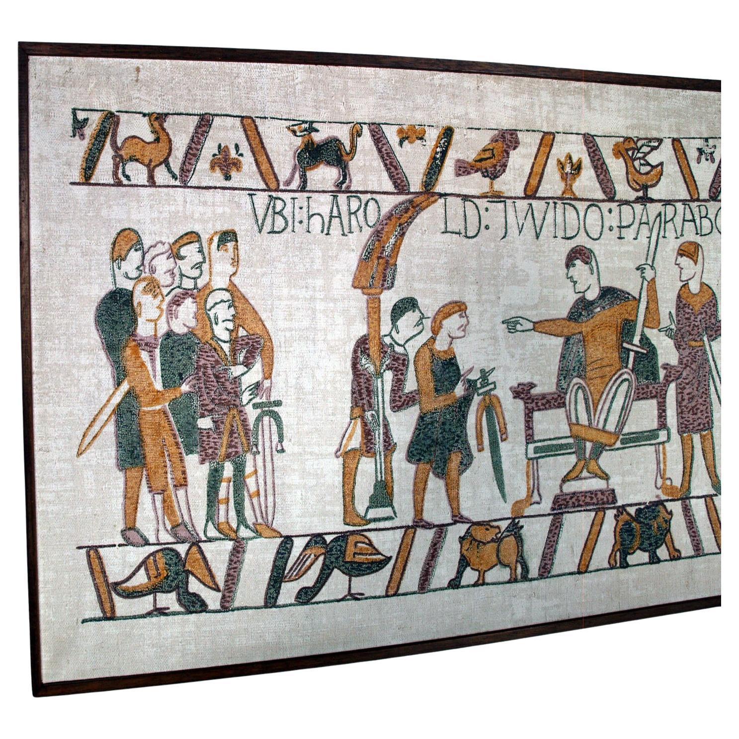 Mid-Century moderno Large Bayeux Tapestry-Inspired Painted Panel on Jute Canvas, 20th Century in vendita