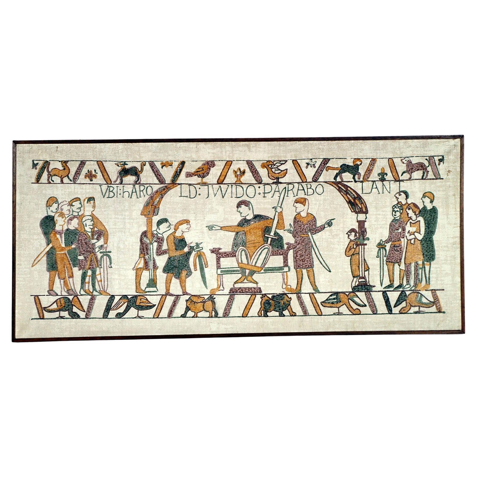 Large Bayeux Tapestry-Inspired Painted Panel on Jute Canvas, 20th Century in vendita