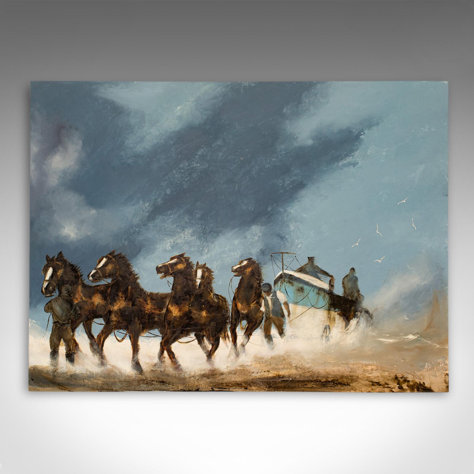 This is a large, beach landscape oil painting by the renowned marine and equine artist David Chambers. 'Launch' is an original, oil on board painting from David's recent collection.

A cadre of magnificent horses pulls a lifeboat launch into the