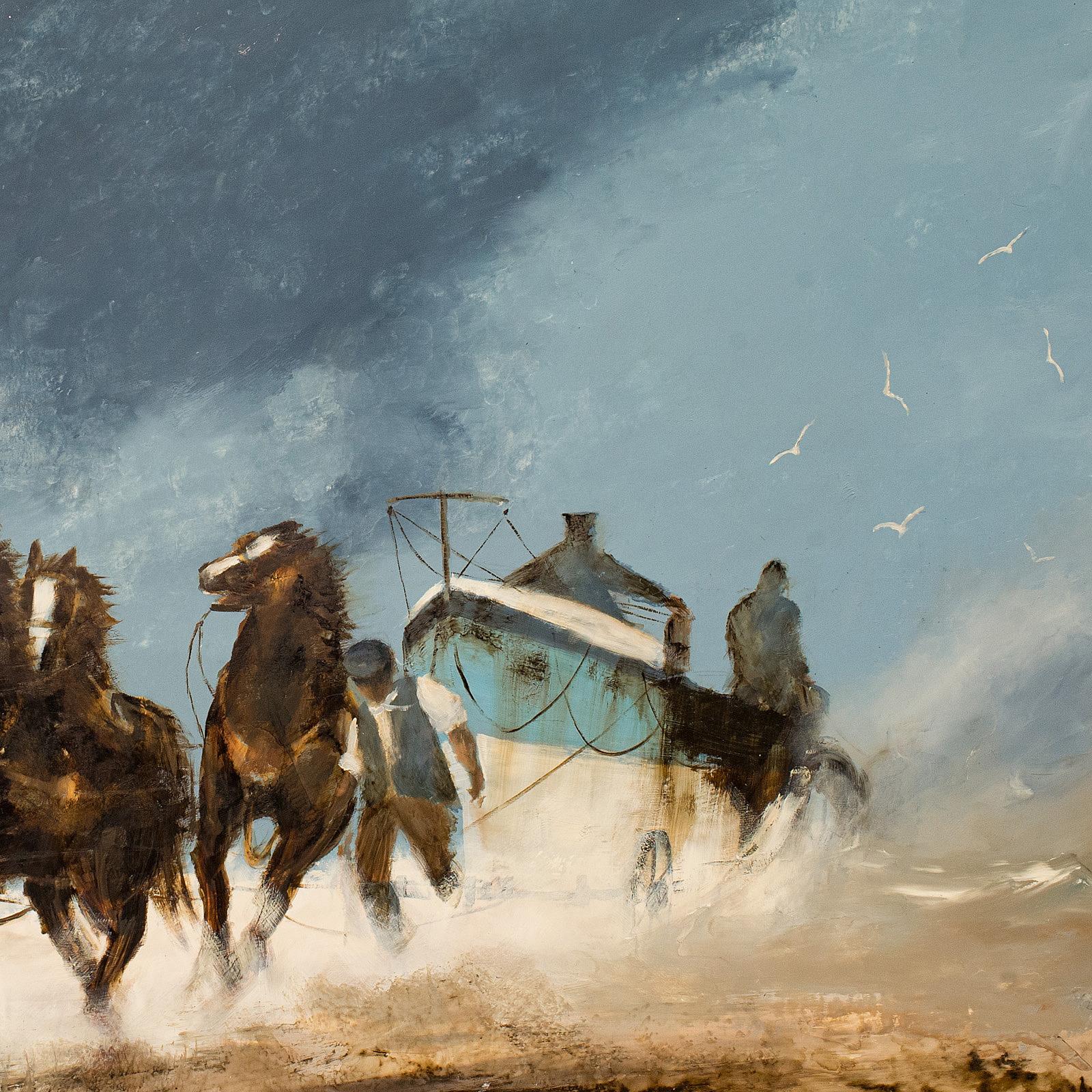English Large Beach Landscape Painting, Horses, Marine, Art, Original