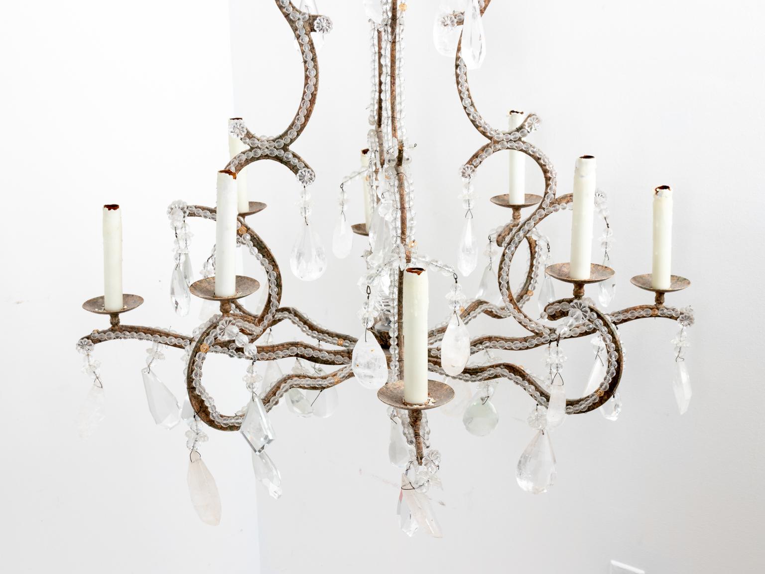 French Large Beaded Chandelier Hung with Rock Crystal Pendants and Crystal Pendants