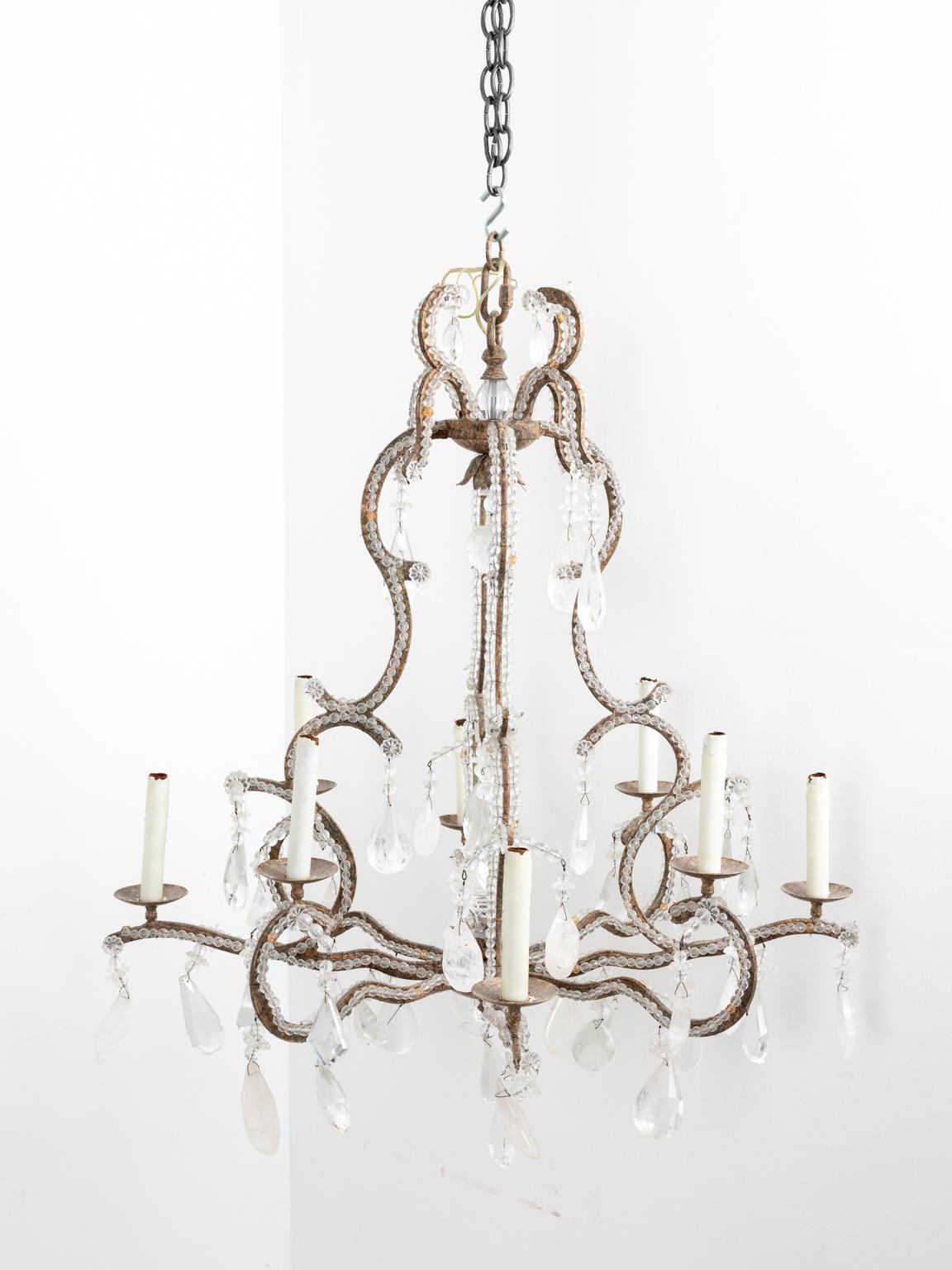Large Beaded Chandelier Hung with Rock Crystal Pendants and Crystal Pendants In Good Condition In Stamford, CT