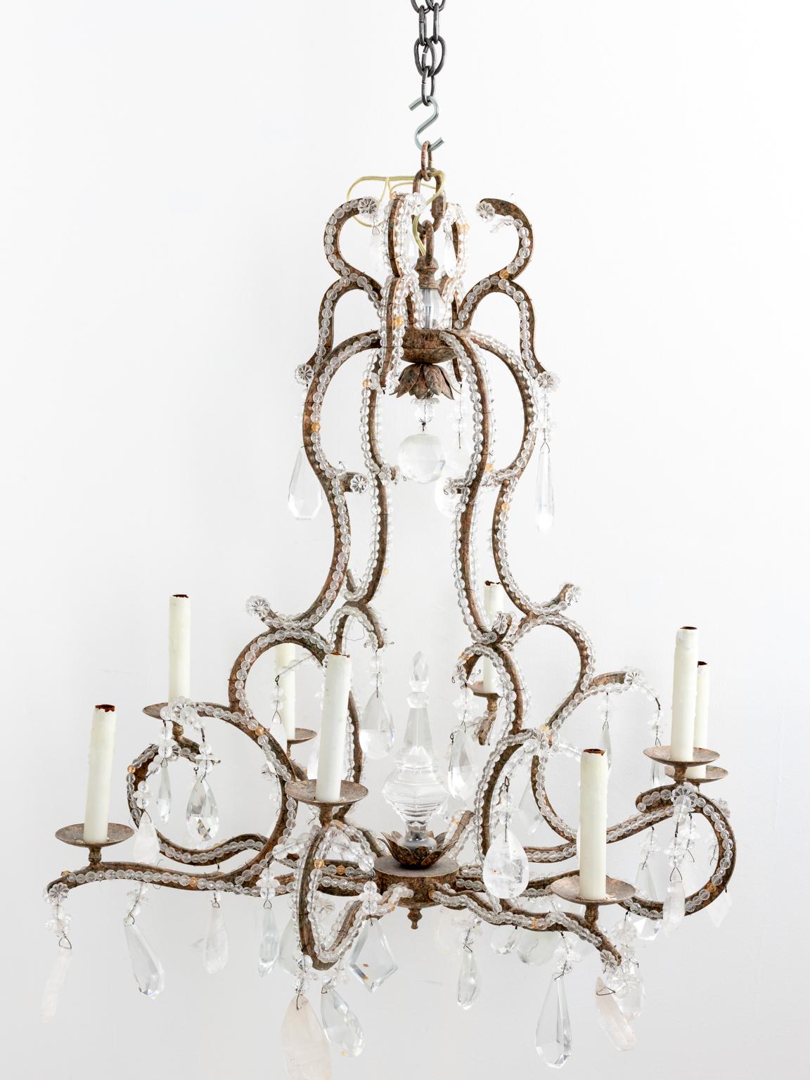 Early 20th Century Large Beaded Chandelier Hung with Rock Crystal Pendants and Crystal Pendants