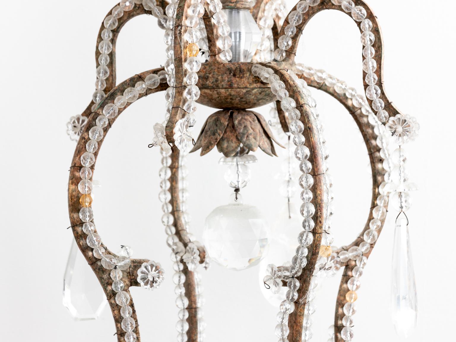 Iron Large Beaded Chandelier Hung with Rock Crystal Pendants and Crystal Pendants