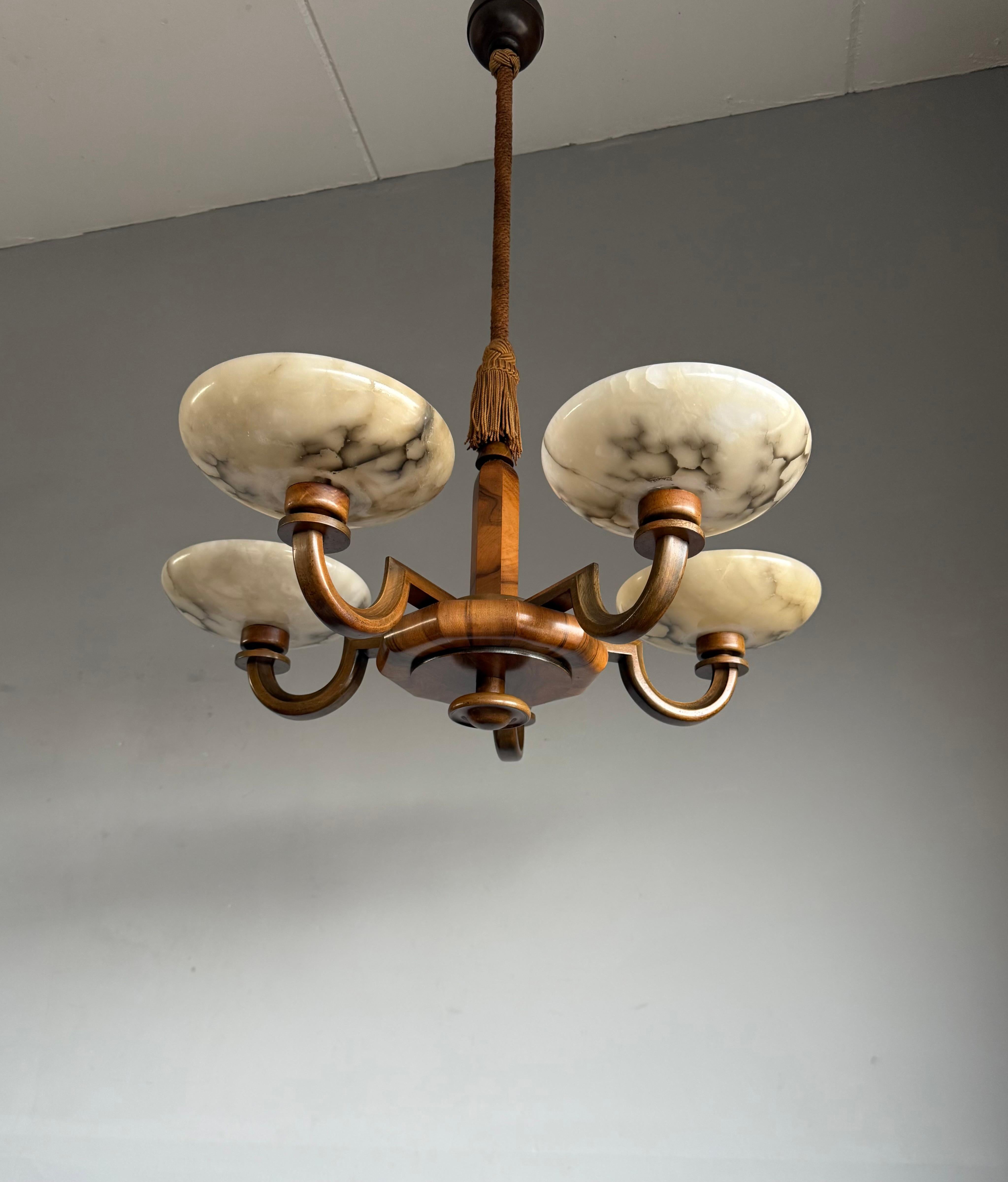 Large & Beautiful Art Deco Walnut-Wood Chandelier w. Striking Alabaster Shades 6