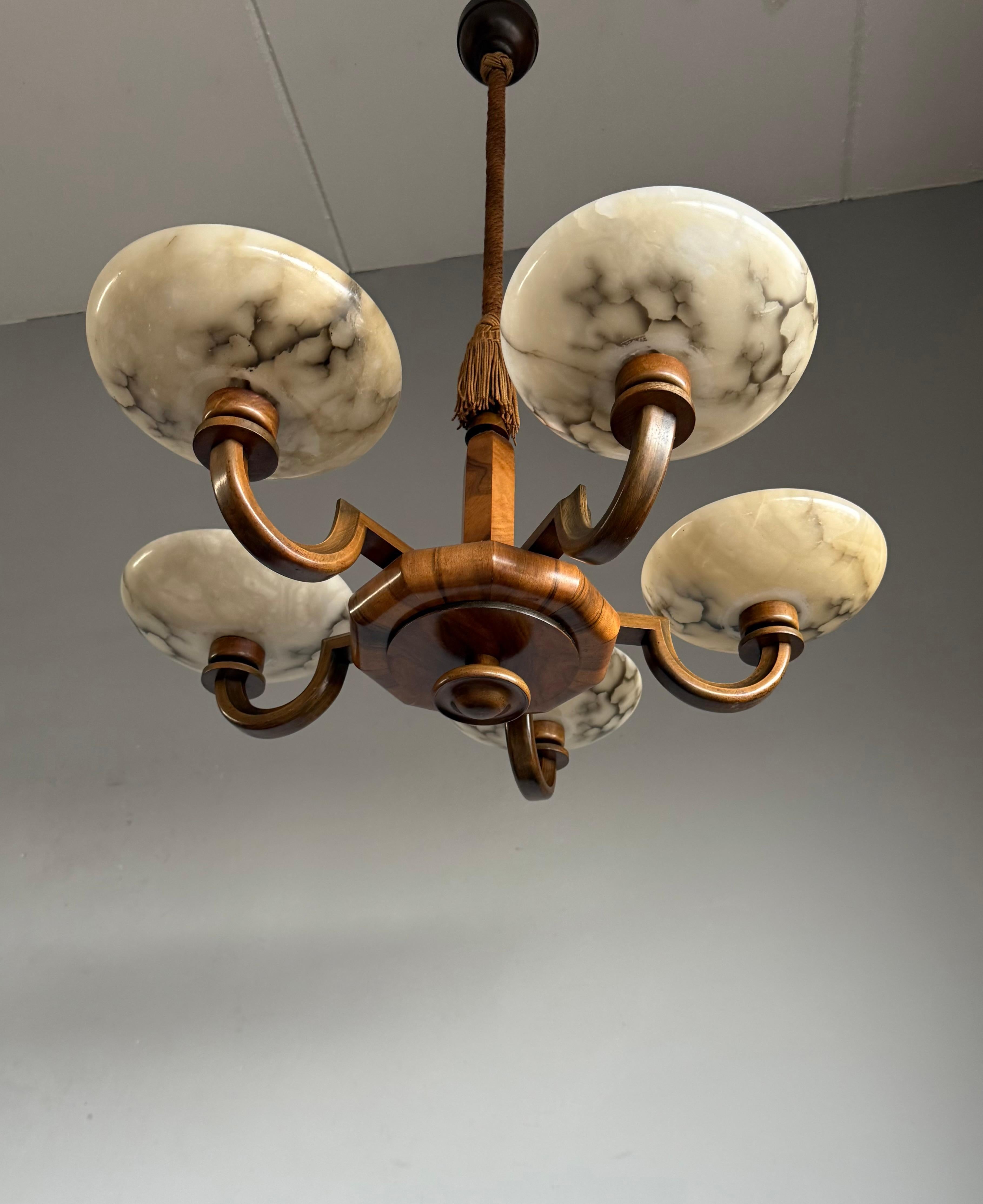 Large & Beautiful Art Deco Walnut-Wood Chandelier w. Striking Alabaster Shades 7