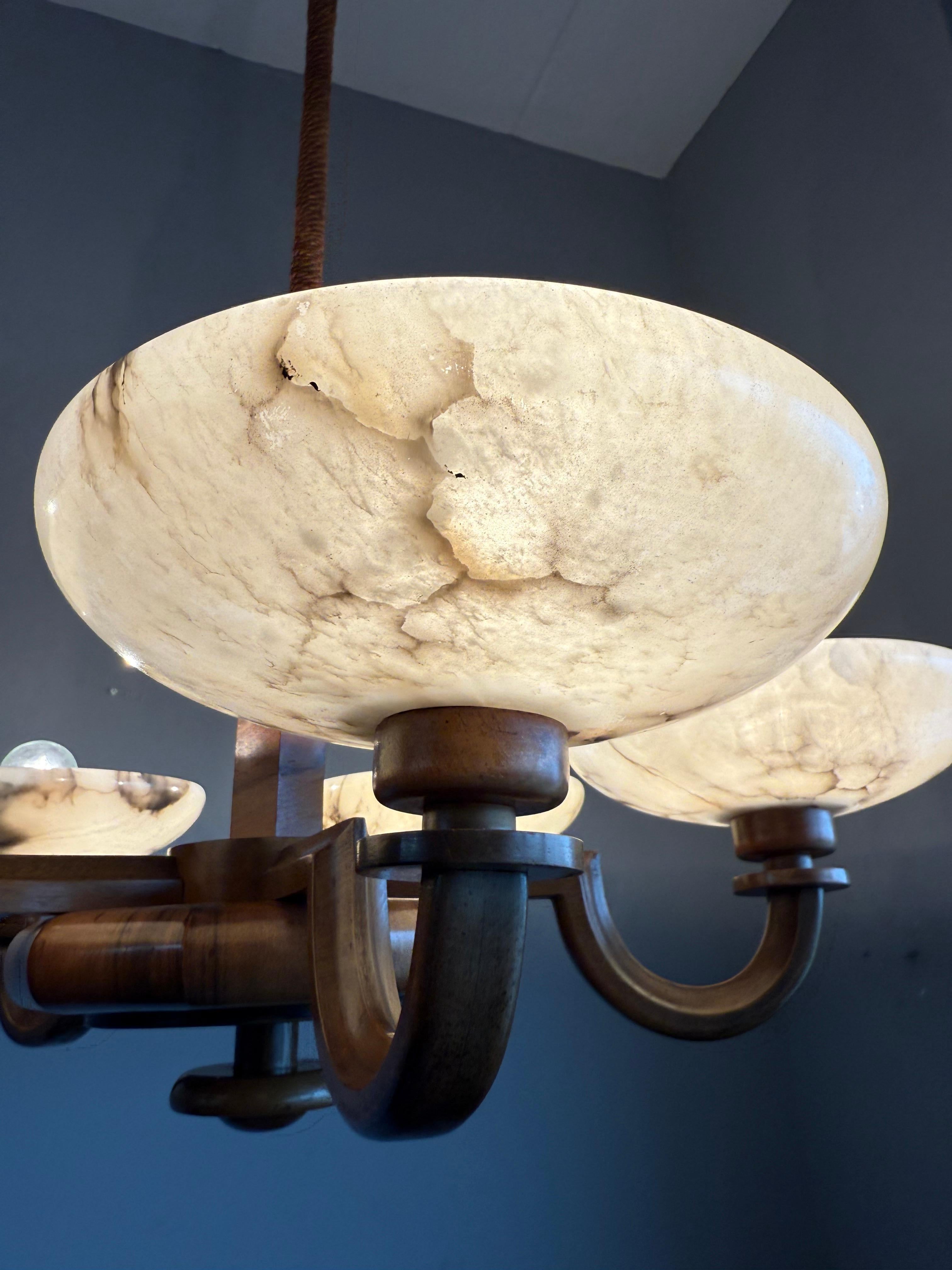 Large & Beautiful Art Deco Walnut-Wood Chandelier w. Striking Alabaster Shades 8