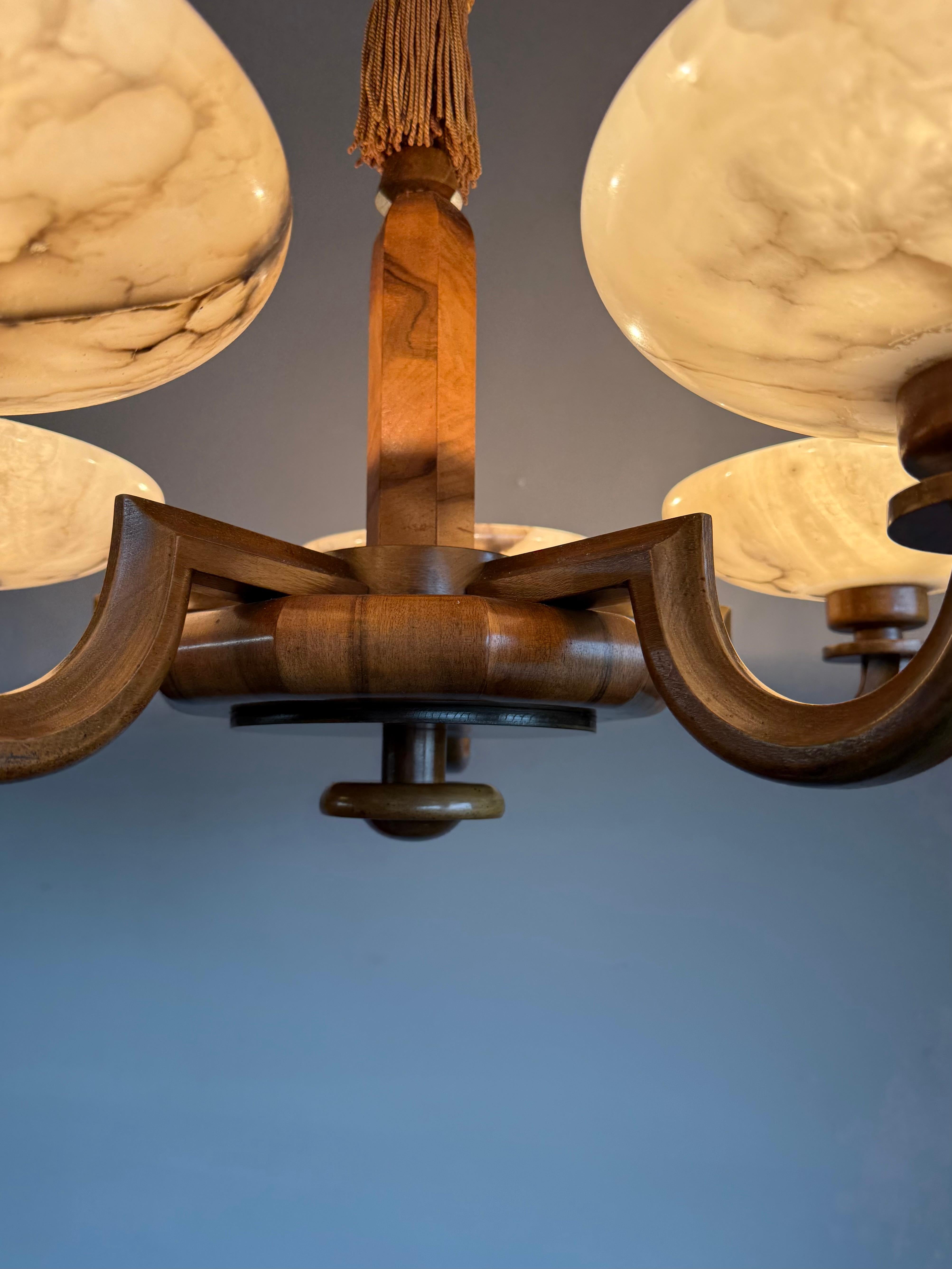 Large & Beautiful Art Deco Walnut-Wood Chandelier w. Striking Alabaster Shades 9