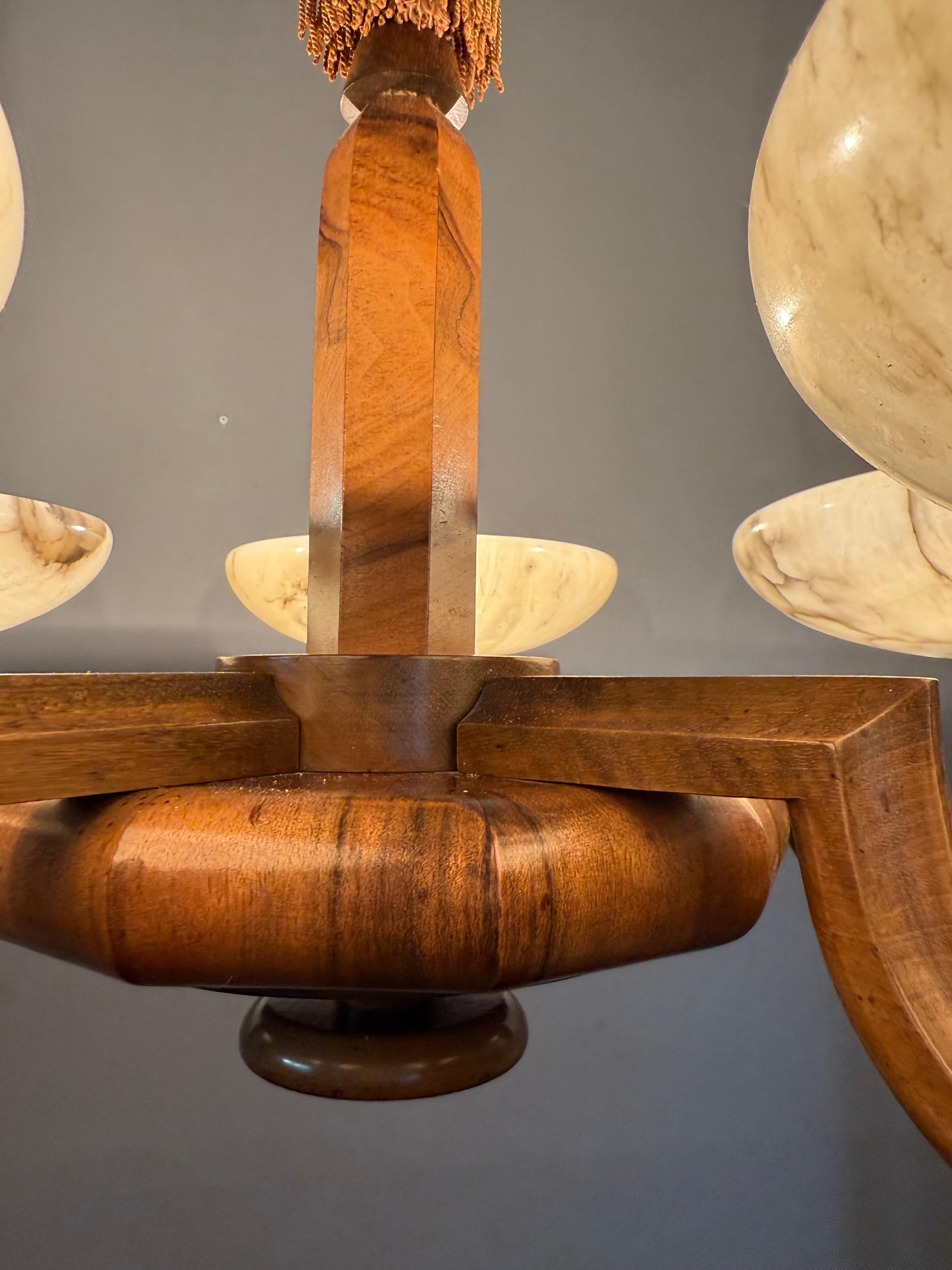 Large & Beautiful Art Deco Walnut-Wood Chandelier w. Striking Alabaster Shades 12