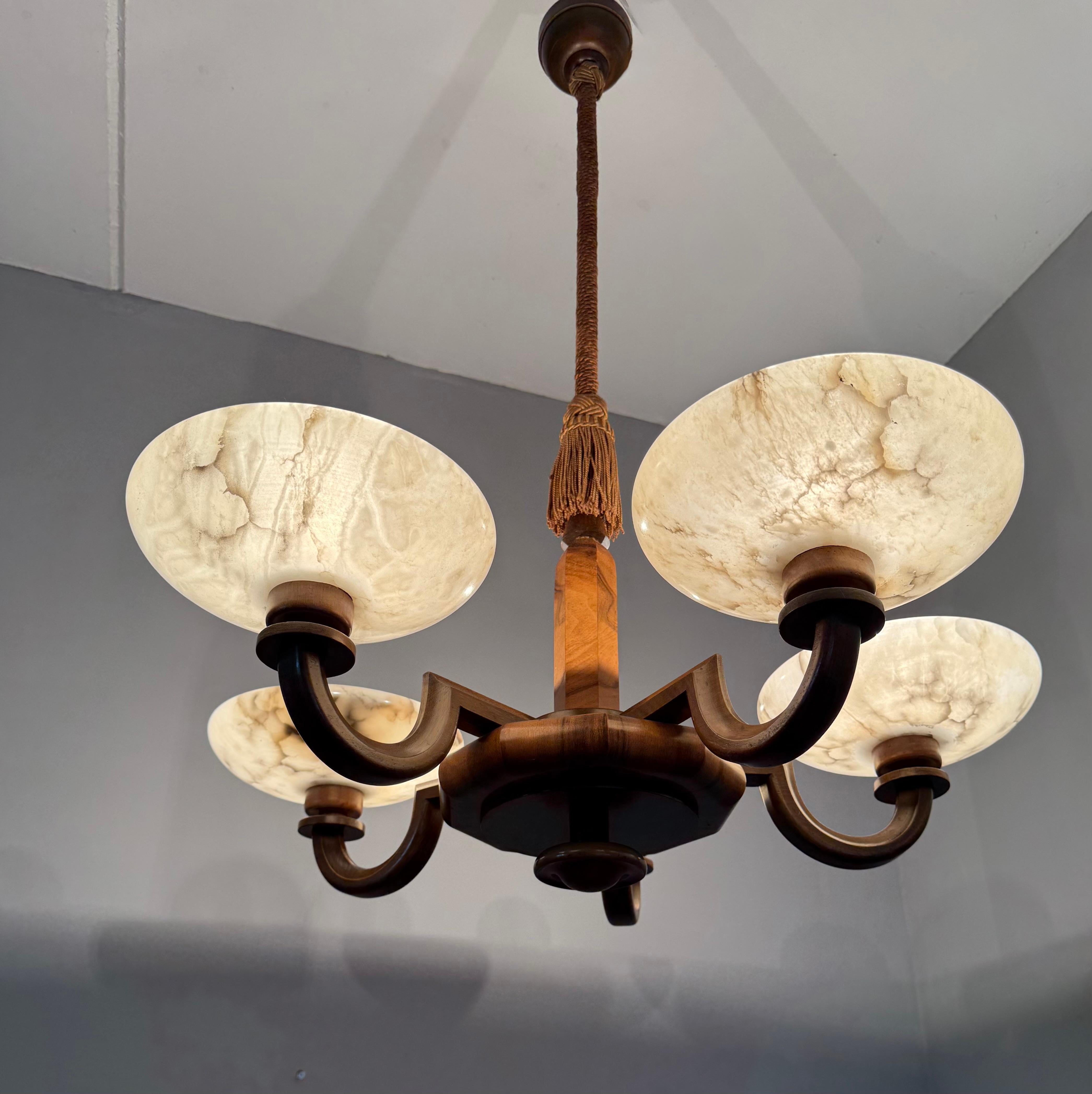 Large & Beautiful Art Deco Walnut-Wood Chandelier w. Striking Alabaster Shades 14