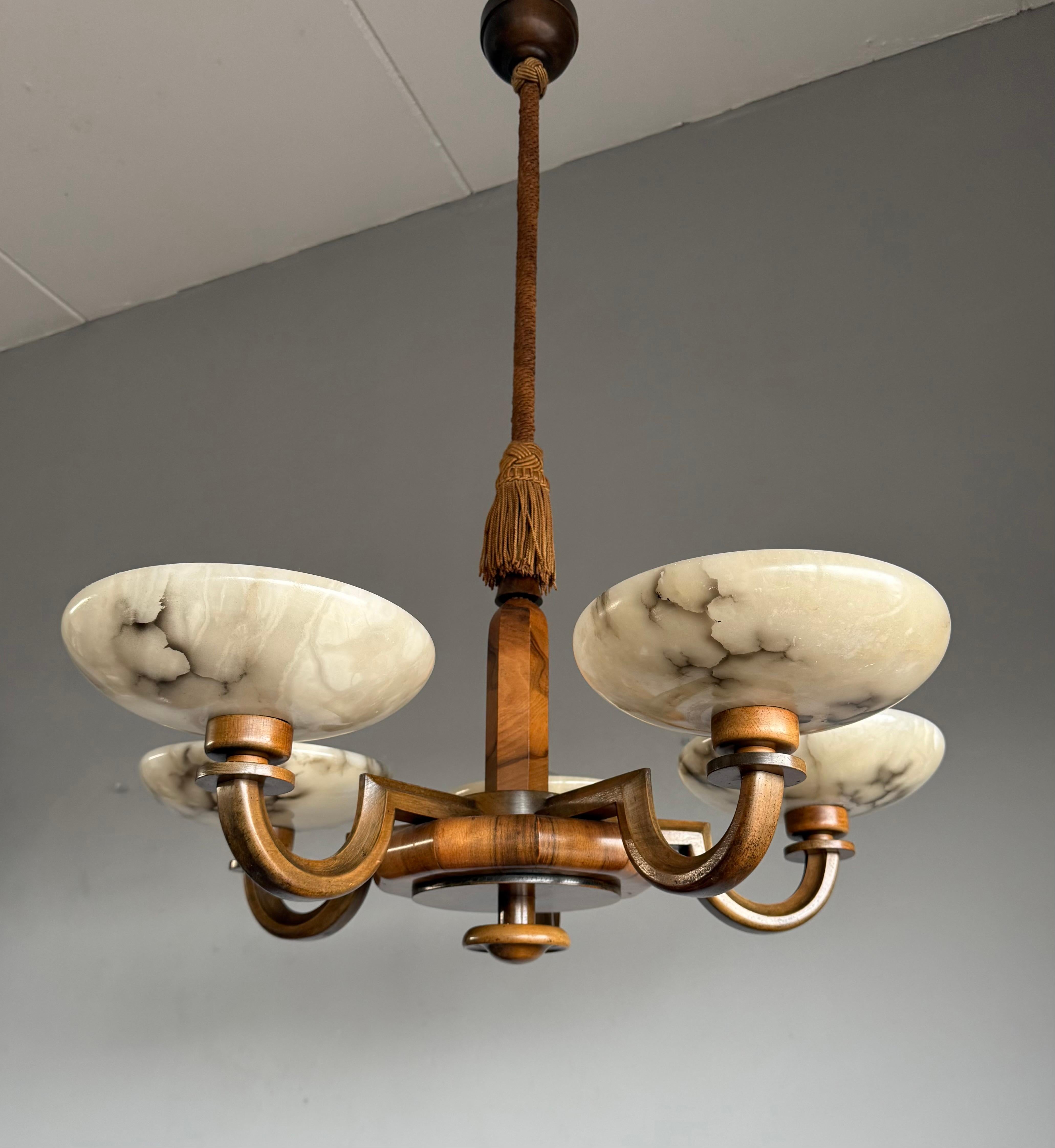 European Large & Beautiful Art Deco Walnut-Wood Chandelier w. Striking Alabaster Shades