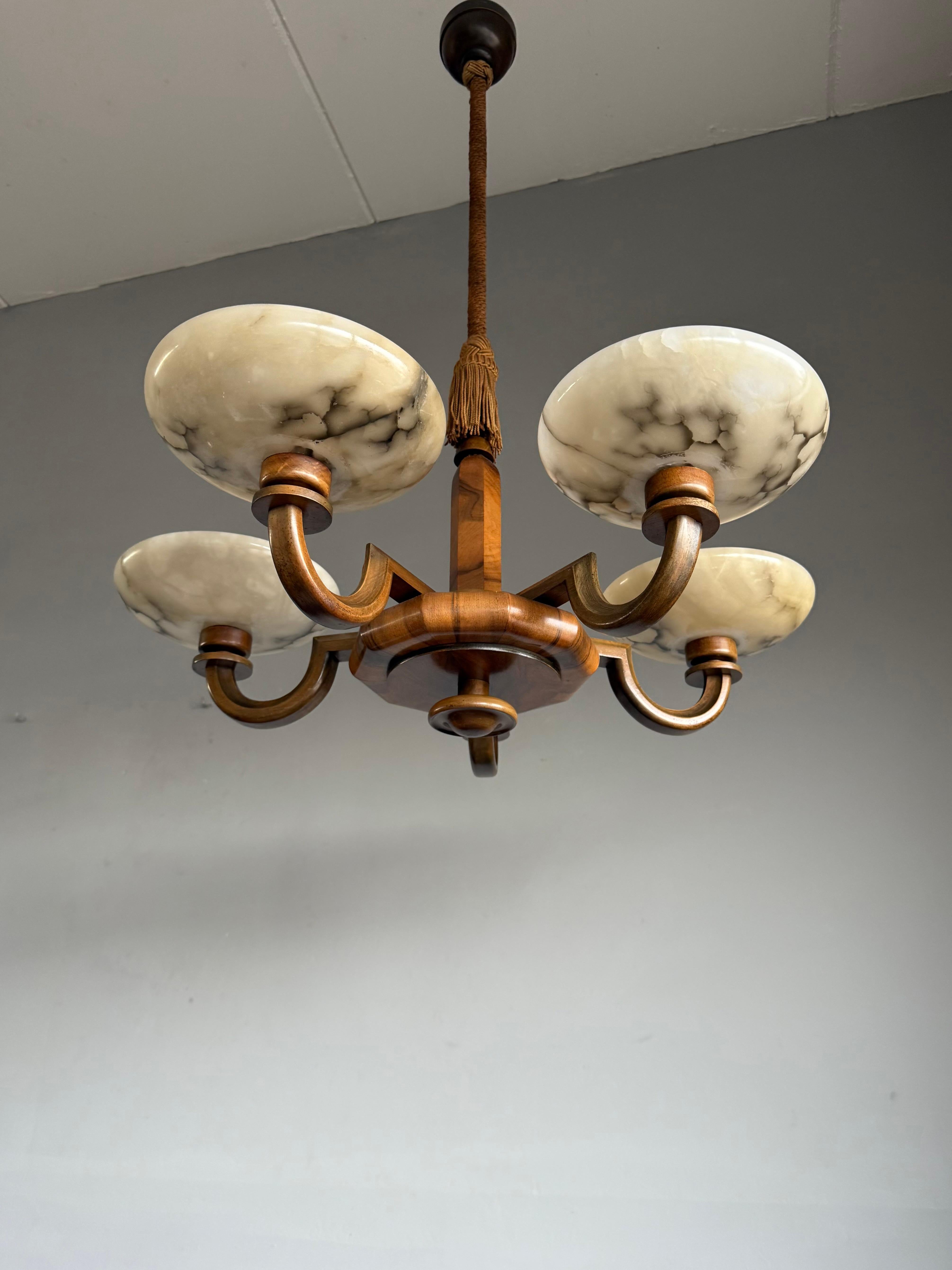 20th Century Large & Beautiful Art Deco Walnut-Wood Chandelier w. Striking Alabaster Shades