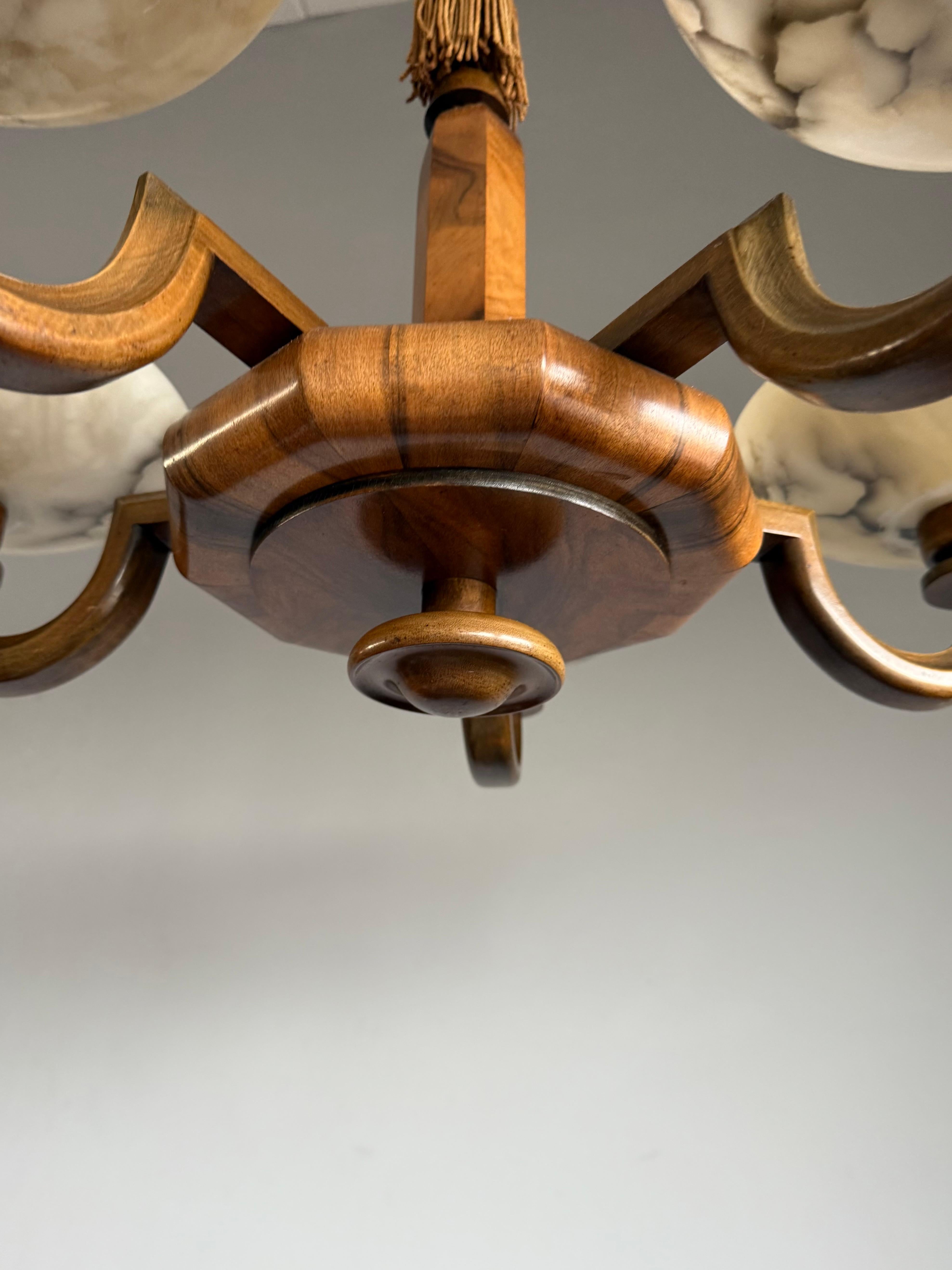 Large & Beautiful Art Deco Walnut-Wood Chandelier w. Striking Alabaster Shades 1