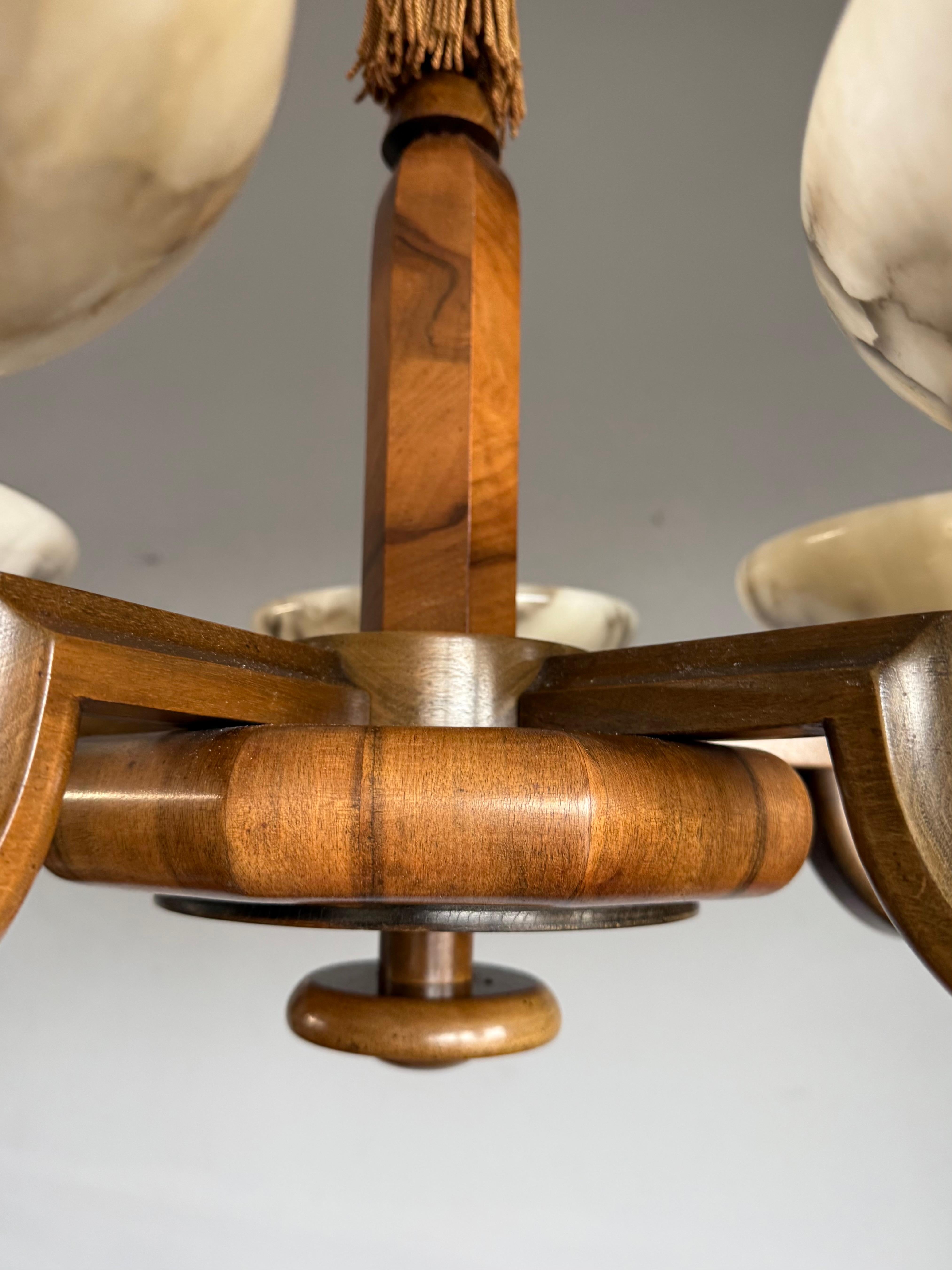 Large & Beautiful Art Deco Walnut-Wood Chandelier w. Striking Alabaster Shades 3