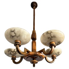 Large & Beautiful Art Deco Walnut-Wood Chandelier w. Striking Alabaster Shades