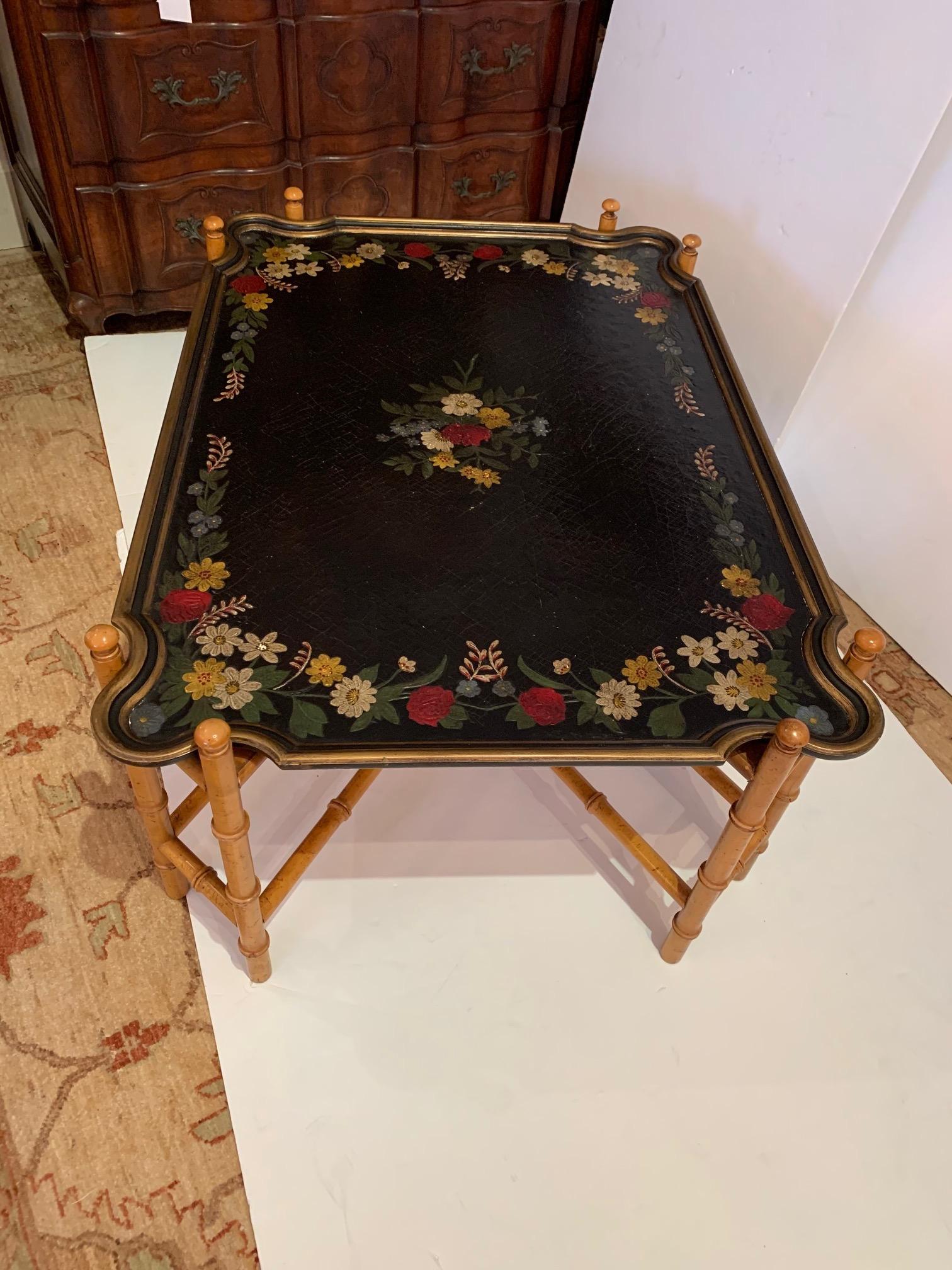 Large Beautiful Embossed Painted Tray Top  Coffee Table with Bamboo Base In Excellent Condition In Hopewell, NJ