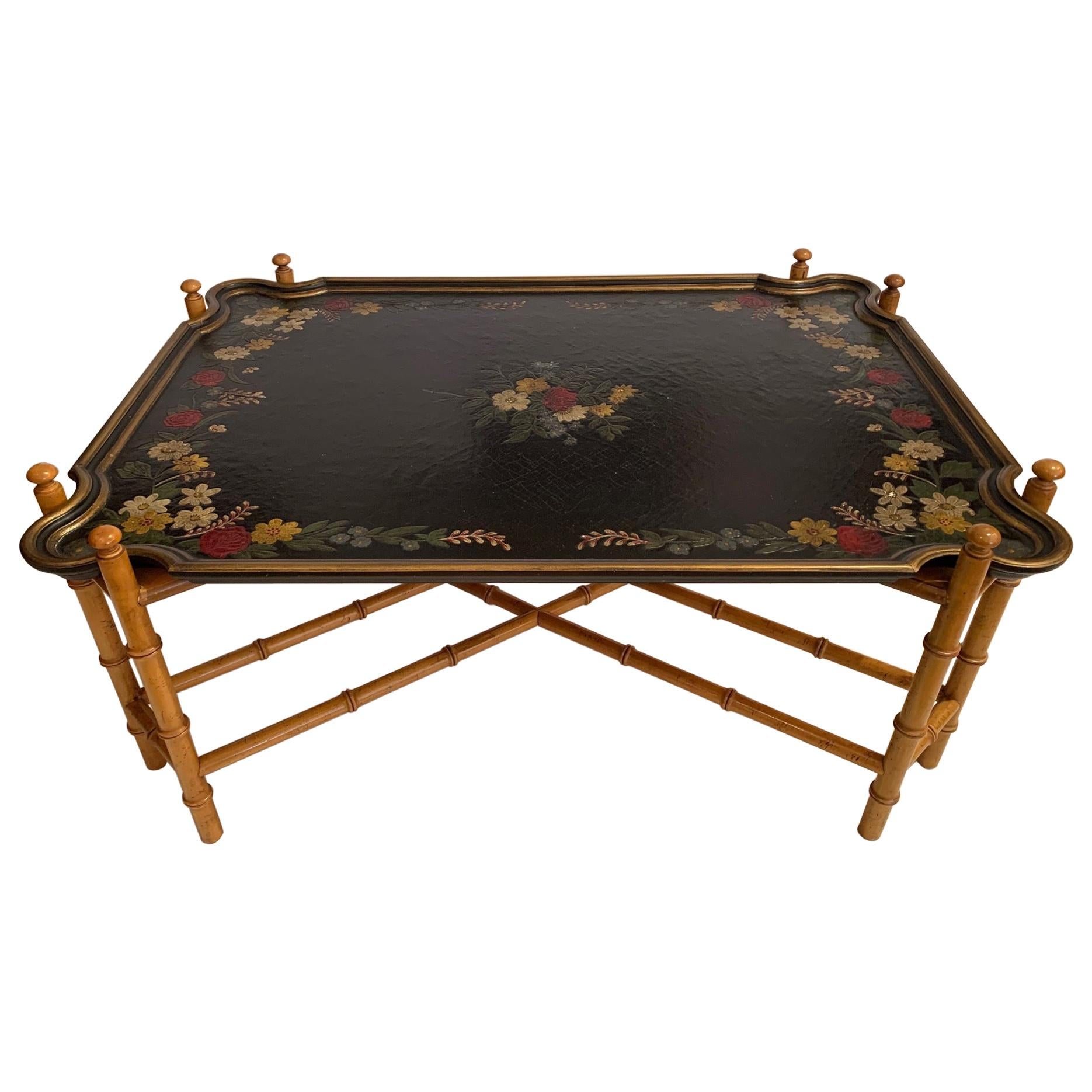 Large Beautiful Embossed Painted Tray Top  Coffee Table with Bamboo Base