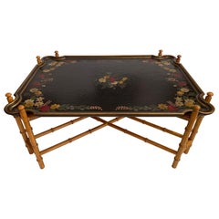Large Beautiful Embossed Painted Tray Top  Coffee Table with Bamboo Base