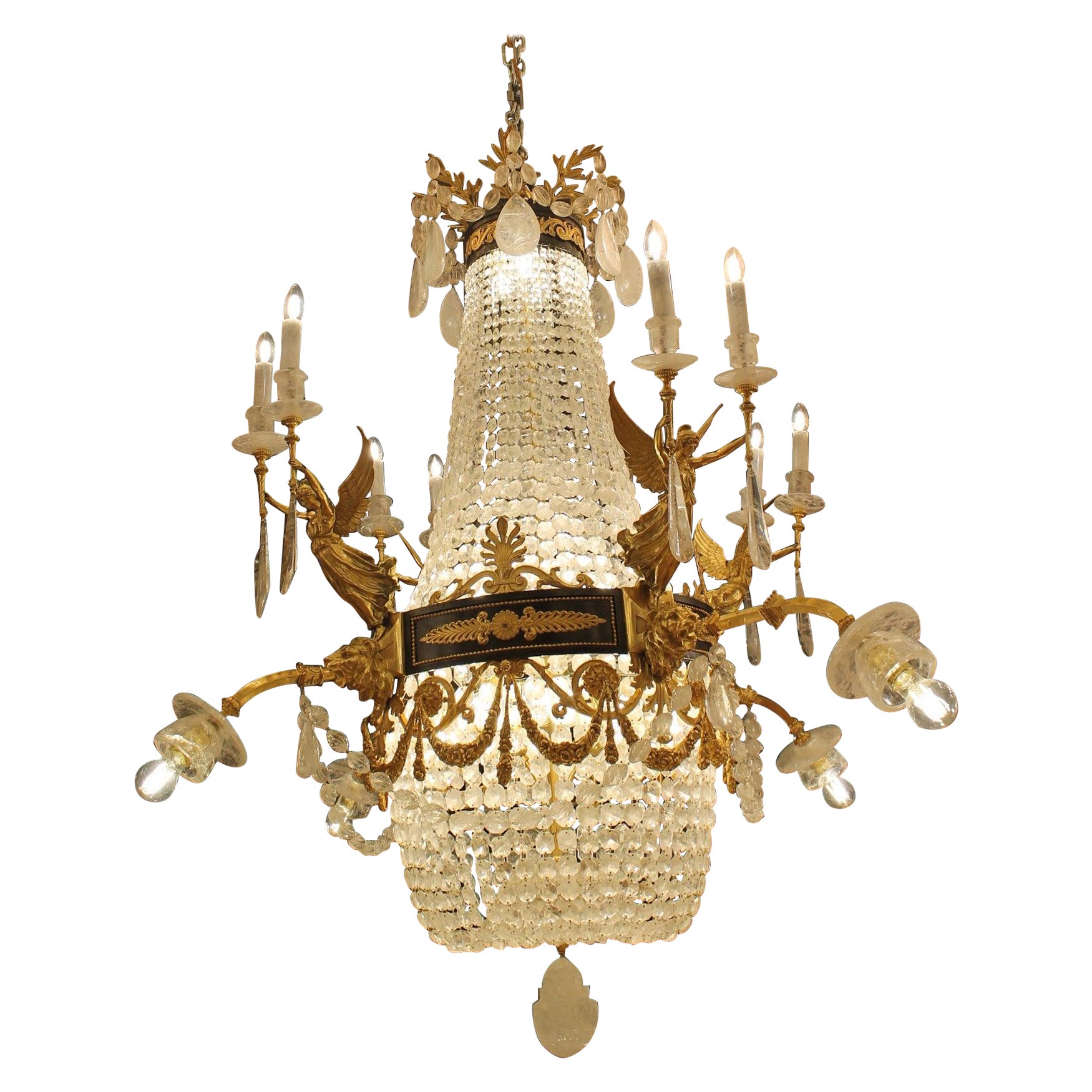 Grande e bellissimo lampadario Gasolier in bronzo e cristallo di rocca con 36 luci in vendita
