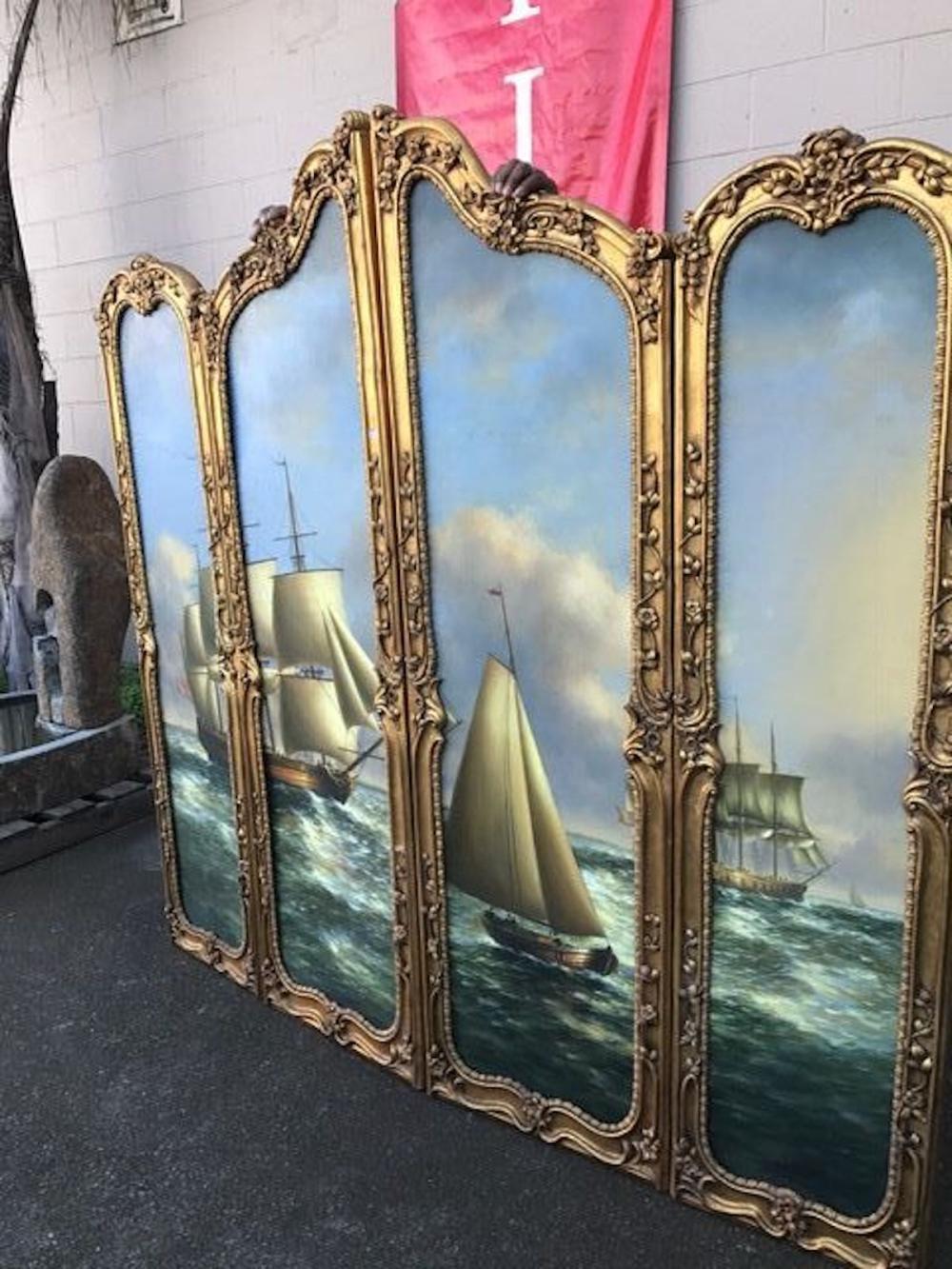 Large beautiful gilded French four-panel screen nautical painting, 19th century very unique and detailed.