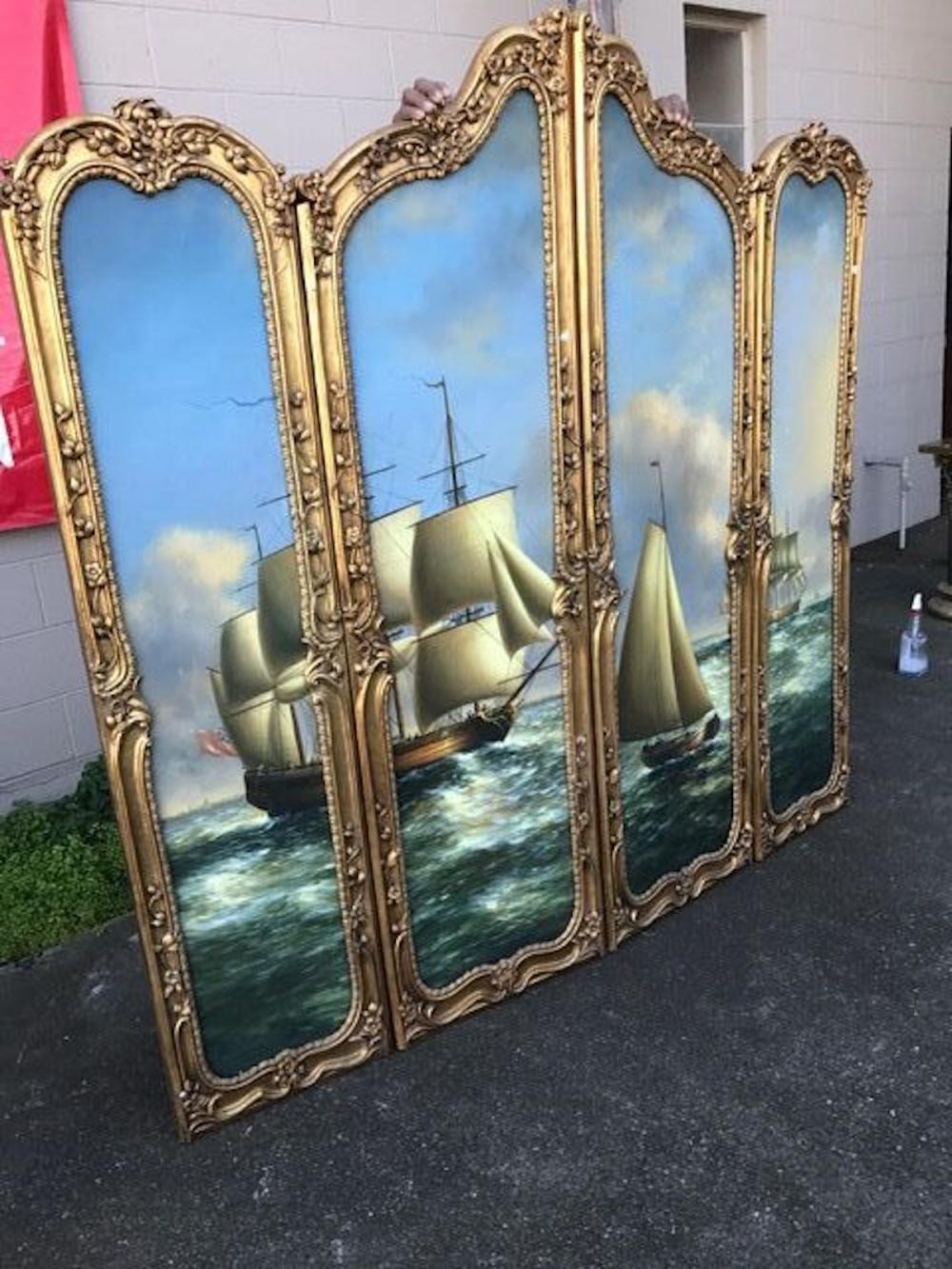 Wood Large Beautiful Gilded French Four-Panel Screen Nautical Painting, 19th Century
